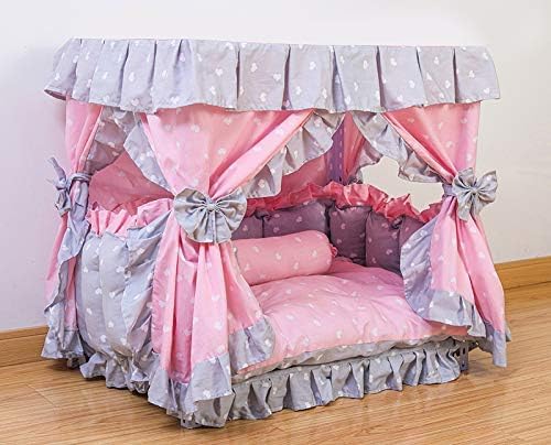 Princess Pink Grey White Heart Pet Dog Handmade Bed House with Candy Pillow - Medium Size Cozy Sleeping Spot for Small Dogs, Puppies & Cats - Perfect for Bedroom, Living Room or Pet Travel Carrier