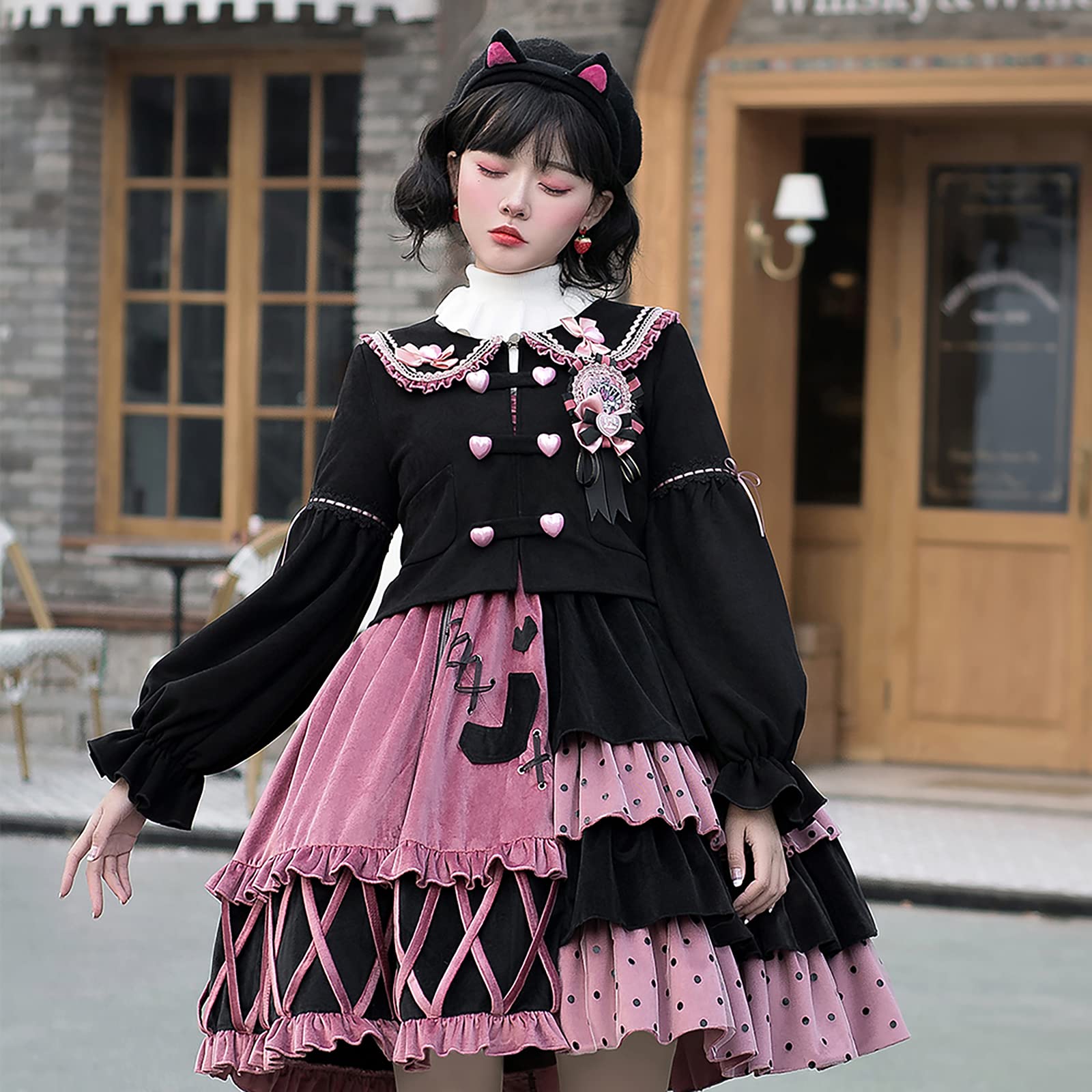 Sweet Lolita Dress Plus Size Kawaii Victorian Gothic Dress for Women & Girls - Black Pink Gothic Lolita Coat | XL & X-Large Sizes | Perfect for Cosplay, Tea Parties & Gothic Fashion Events