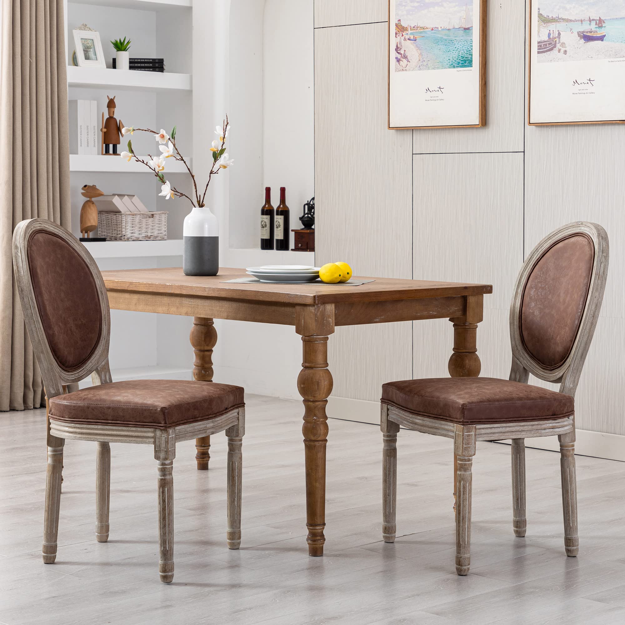 Farmhouse Style Leather Dining Chairs Set of 2 - French Country Round Back Bistro Chairs with Sturdy Wood Legs for Kitchen, Restaurant, Living Room & Dining Room - Perfect for Rustic Home Decor & Commercial Spaces (Brown)