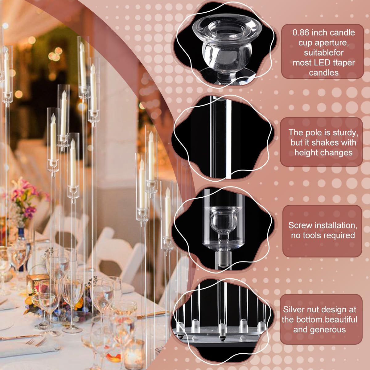 10-Pack Clear Acrylic 5-Arm Floor Candelabra - Tall Wedding Candle Holder for Table Centerpiece, Ceremony Decor, Party & Home Decoration - Fits 0.8