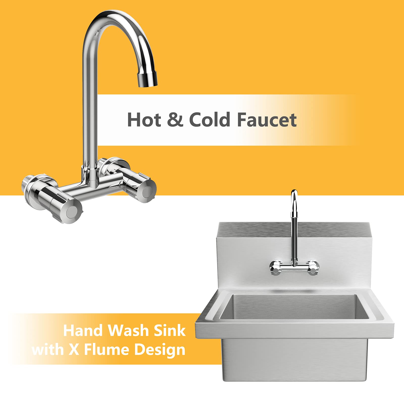 **Bonnlo Commercial Stainless Steel Hand Washing Sink with Hot & Cold Faucet - Wall Mount Utility Sink with Drainer for Restaurants, Home Kitchens & Workshops - Heavy Duty Hand Wash Basin for High-Traffic Use**