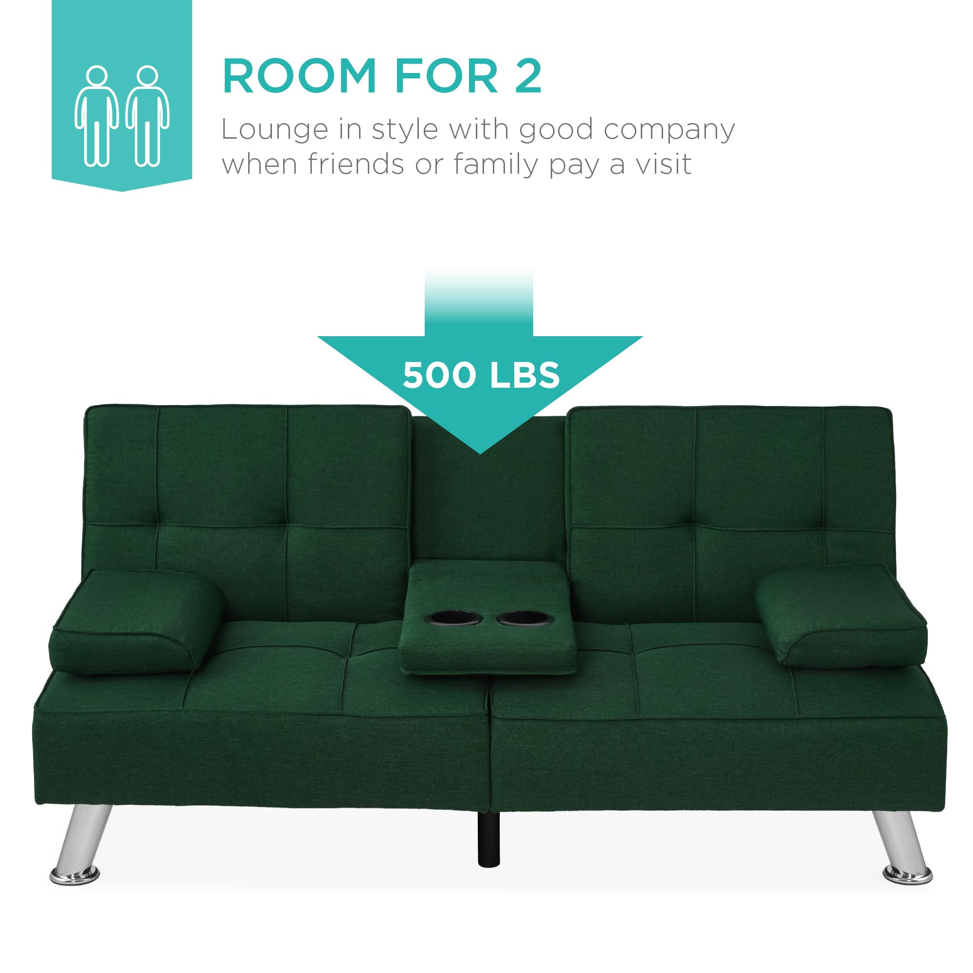 Best Choice Products Modern Folding Futon Sofa Bed - Dark Green Linen Recliner with Removable Armrests & 2 Cup Holders - Perfect for Small Apartments, Dorm Rooms & Guest Rooms