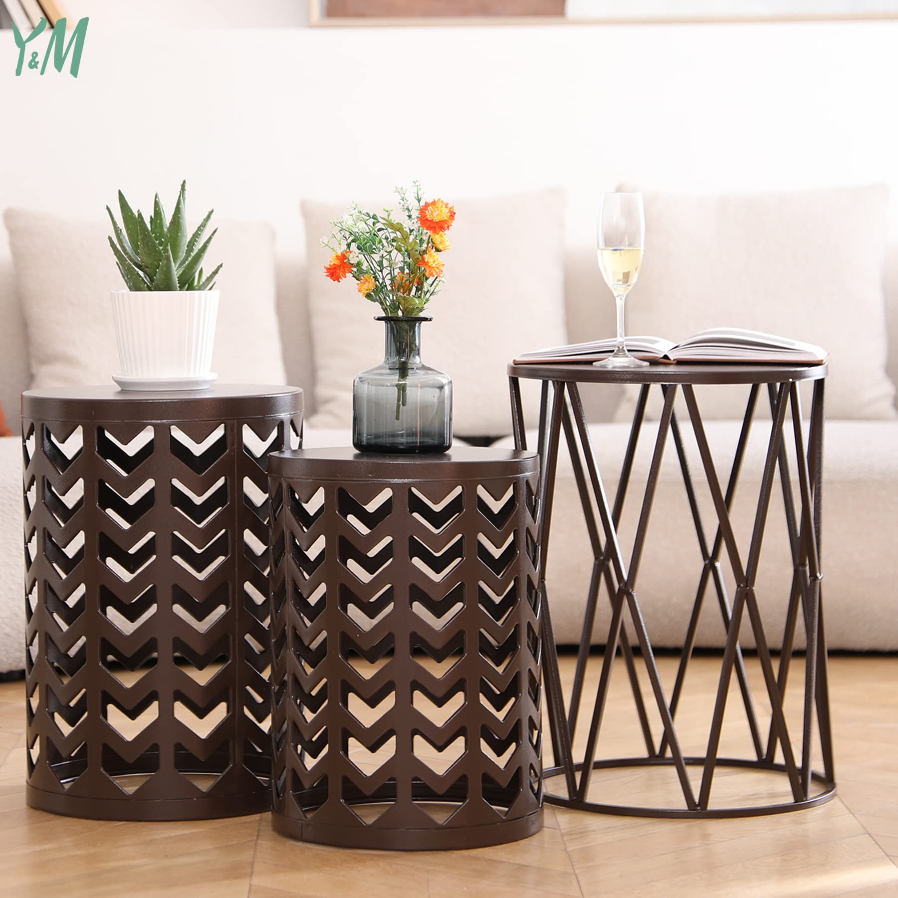 Y&M Set of 3 Round Heavy-Duty Side Tables - End Tables, Coffee Tables for Indoor & Outdoor Use - Decorative Garden Stool, Plant Stand - Pure Brown (US Shipping) - Perfect for Living Room, Patio, and Balcony Decor