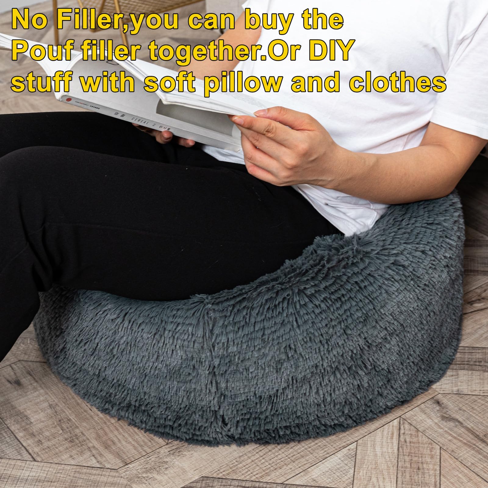 Fur Ottoman Stool Cover - 20x12 Inch Round Foot Rest Pouf, No Filler, Foldable Floor Bean Bag Chair for Living Room & Bedroom - Dark Gray - Perfect for Cozy Home Decor, Reading Nook, and Pet Lounging