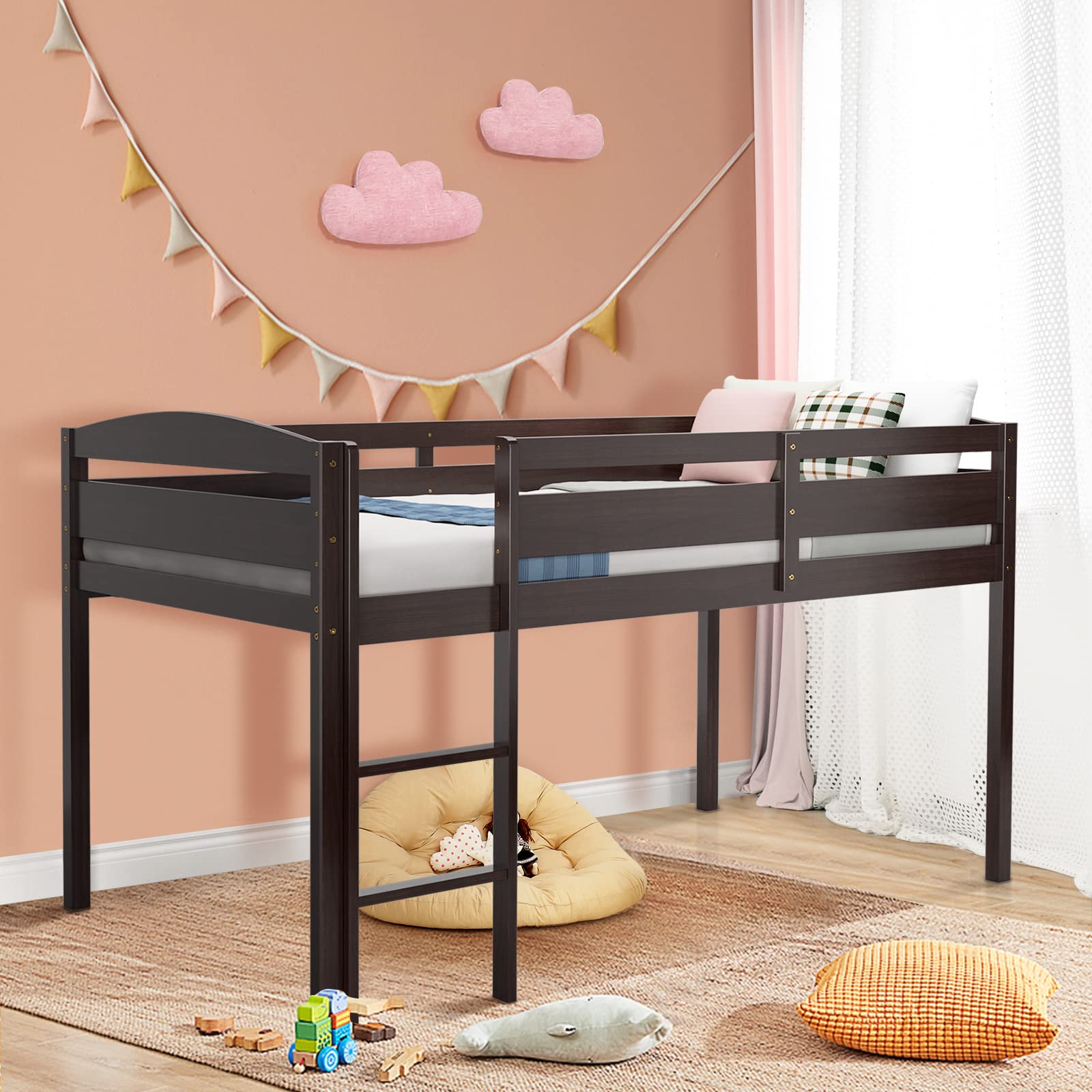 KOTEK Solid Wood Twin Loft Bed Frame with Ladder & Safety Guardrails - No Box Spring Needed - Easy Assembly - Espresso Finish - Kids & Teens Bedroom Furniture for Small Spaces, Dorm Rooms & Guest Rooms