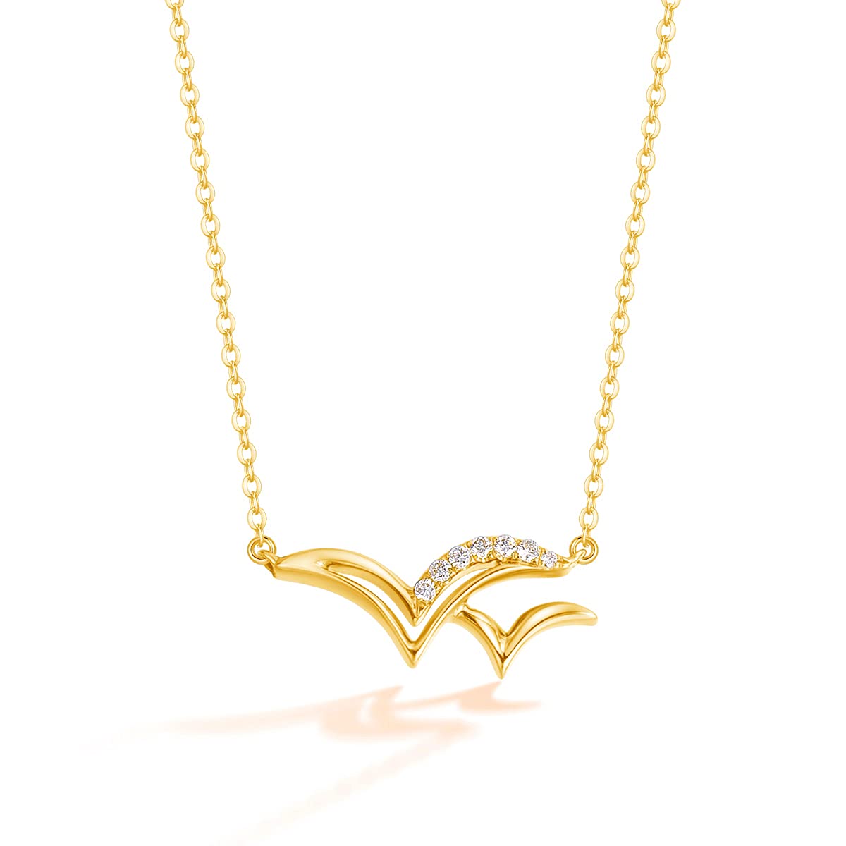 18K Solid Yellow Gold Seagull Pendant Necklace with Genuine Diamonds - Adjustable 16