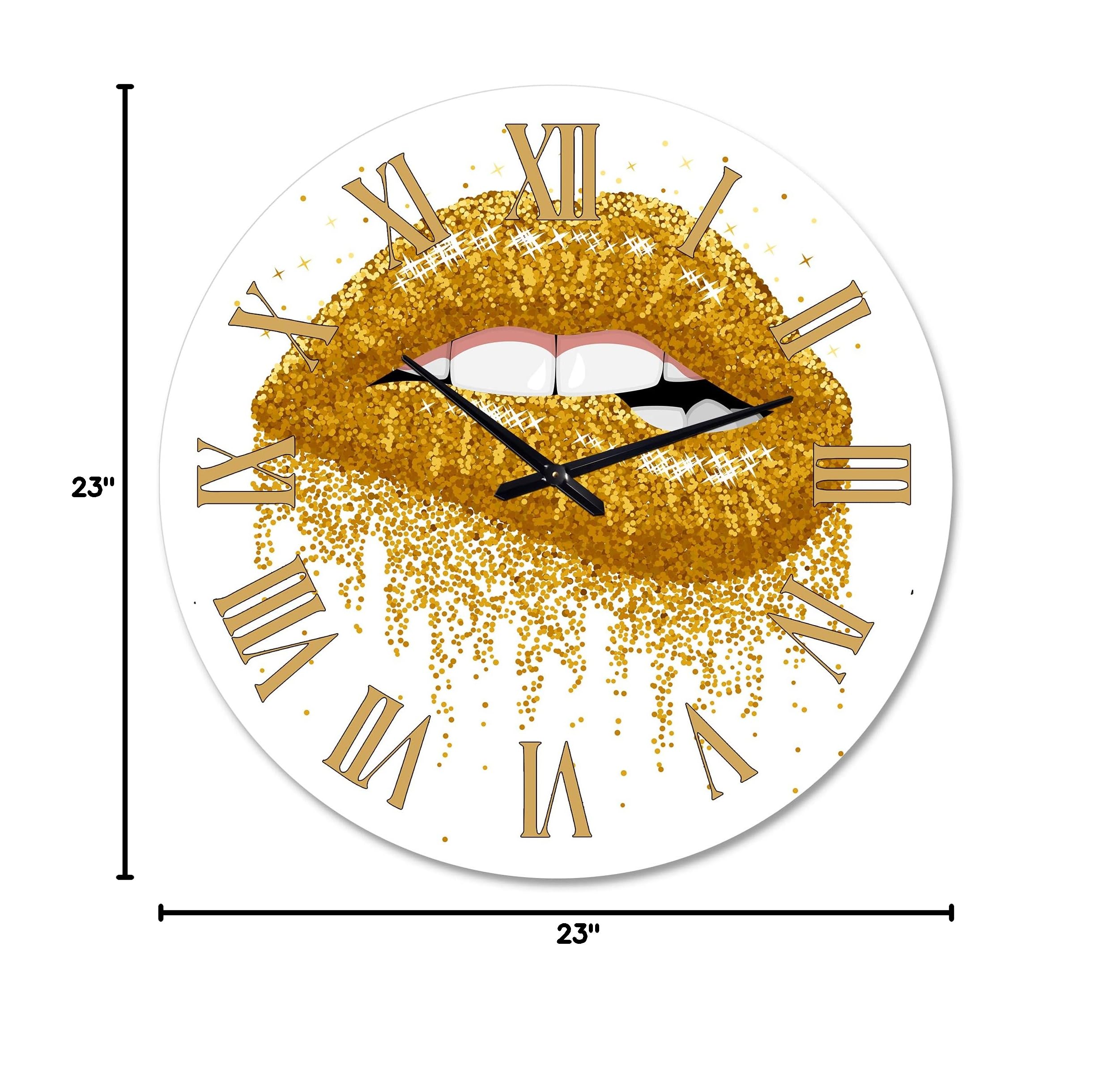 DesignQ Modern Wall Clock - Glitter Gold Sparkles Woman Lips Design - Large Decorative Clock for Bedroom, Living Room & Office - Perfect Home Decor Gift Idea
