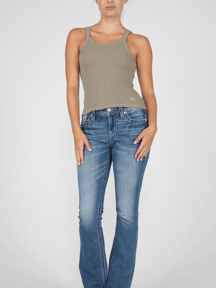 Miss Me MT2821T Women's Ribbed Cropped Tank Top - Olive Green | Casual Summer Tops for Women | Perfect for Beach, Vacation & Everyday Wear
