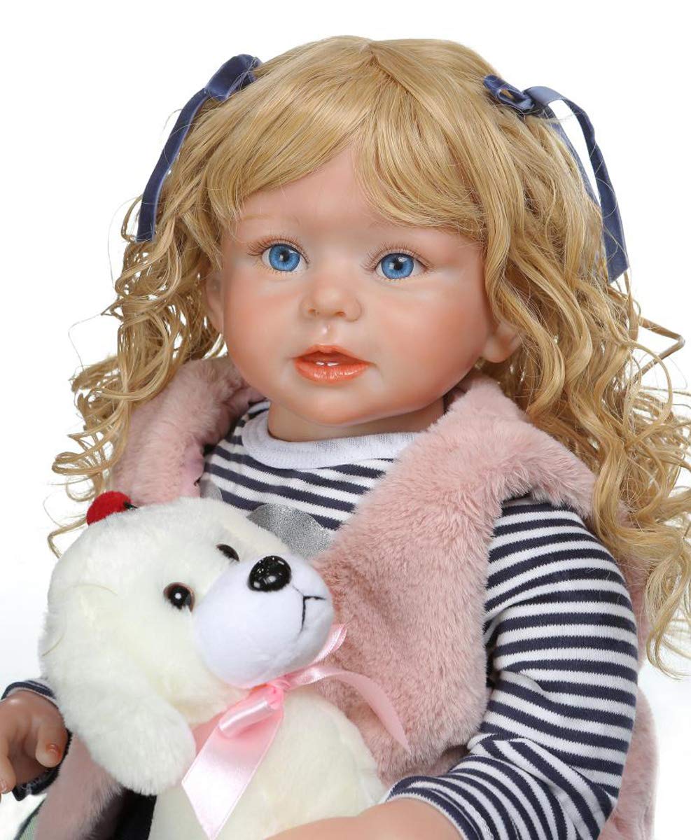 TERABITHIA 28 Inch 70cm Realistic Reborn Baby Doll with Long Curly Blonde Hair & Changeable Clothes - Lifelike Silicone Newborn Toddler Girl Doll for Collectors, Gift Giving, and Role Play