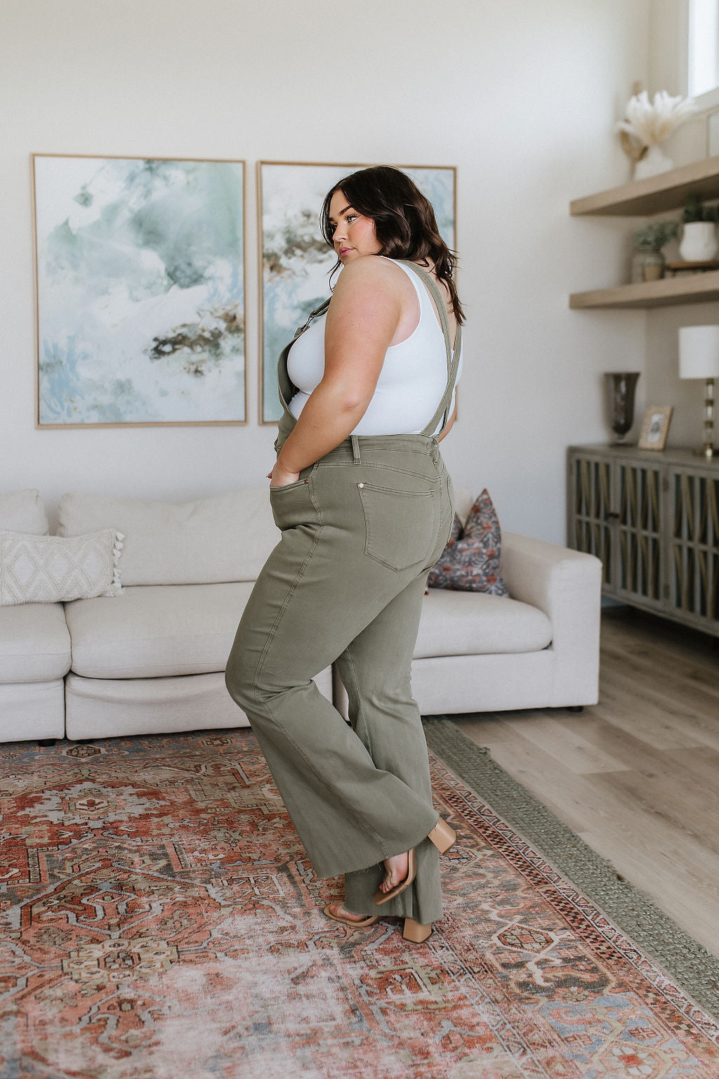 Olivia Control Top Release Hem Overalls for Women - Olive Green Stretch Denim Jumpsuit with Adjustable Straps | Perfect for Casual Wear, Outdoor Adventures & Work