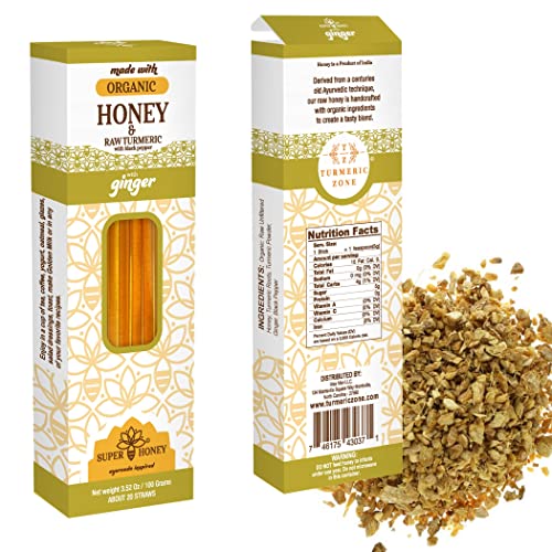 Organic Turmeric Ginger Honey Sticks with Black Pepper & Ginger Tea - 20pc + 4oz for Wellness & Energy Boost