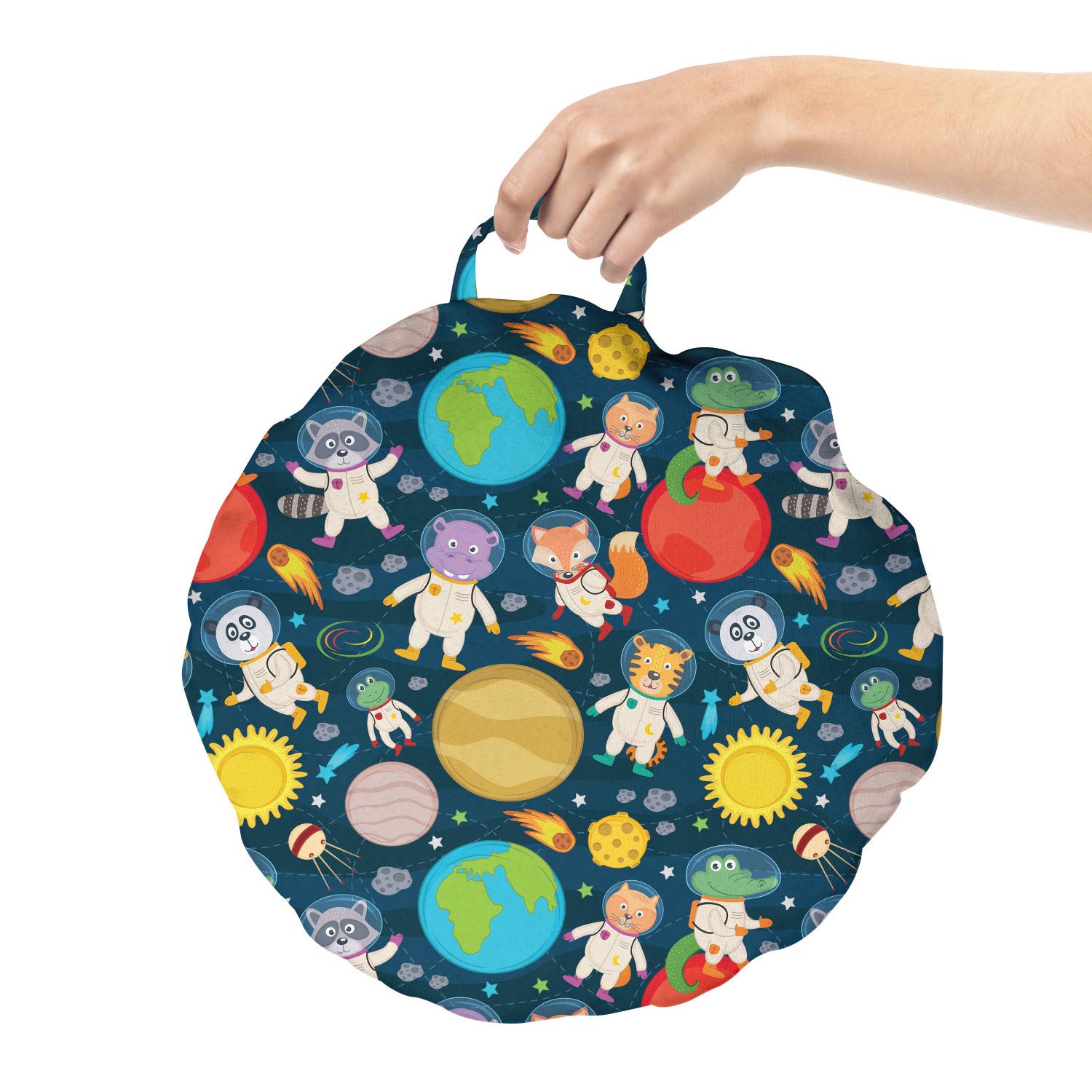 Ambesonne Space Round Floor Cushion with Handle - Funny Astronauts & Planets Design - 18