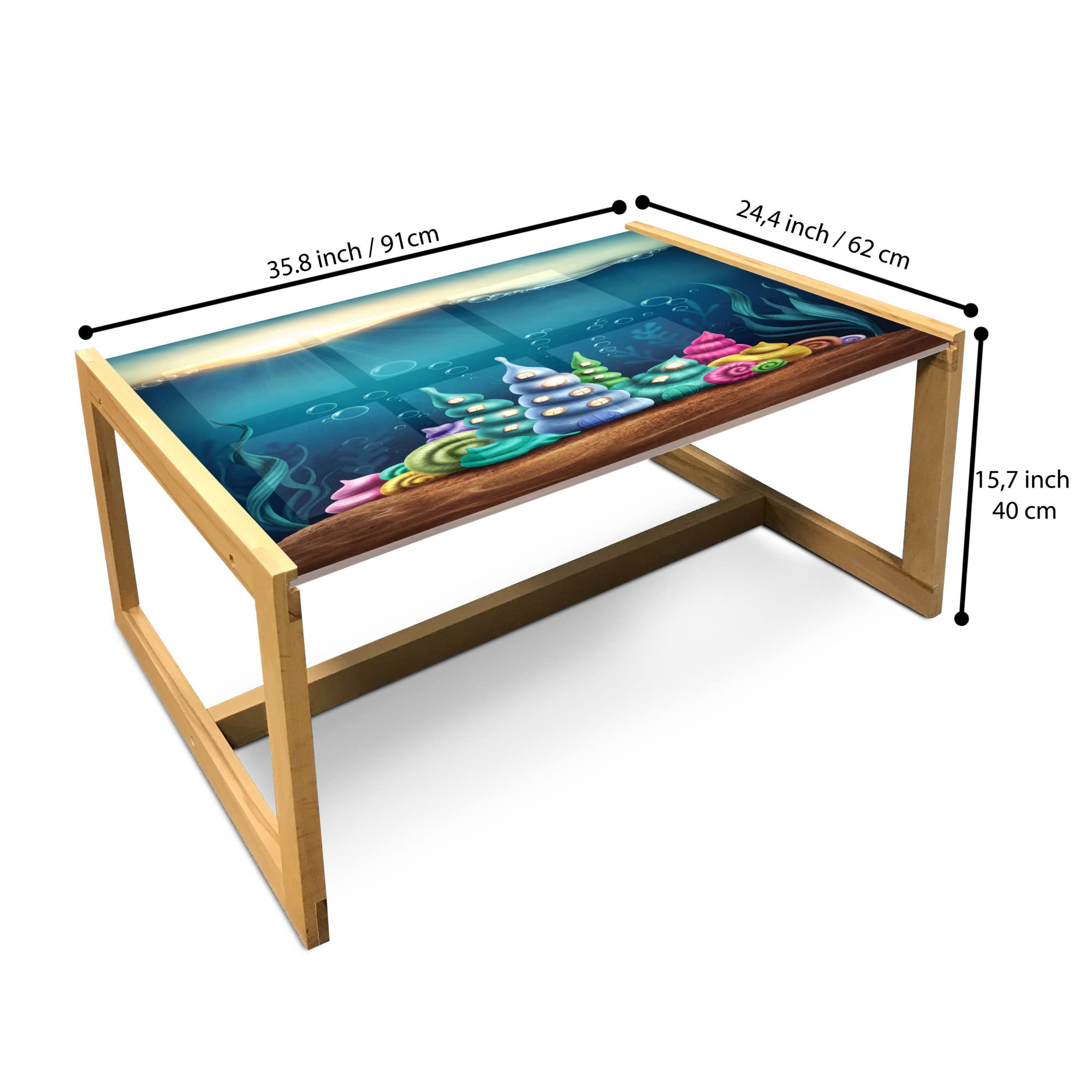 Ambesonne Ocean Themed Coffee Table - Underwater Fantasy Kingdom with Shell Houses & Water Bubbles Cartoon Print, Acrylic Glass Top with Wooden Frame - Large Teal Brown Center Table for Living Room, Office, Dorm Decor