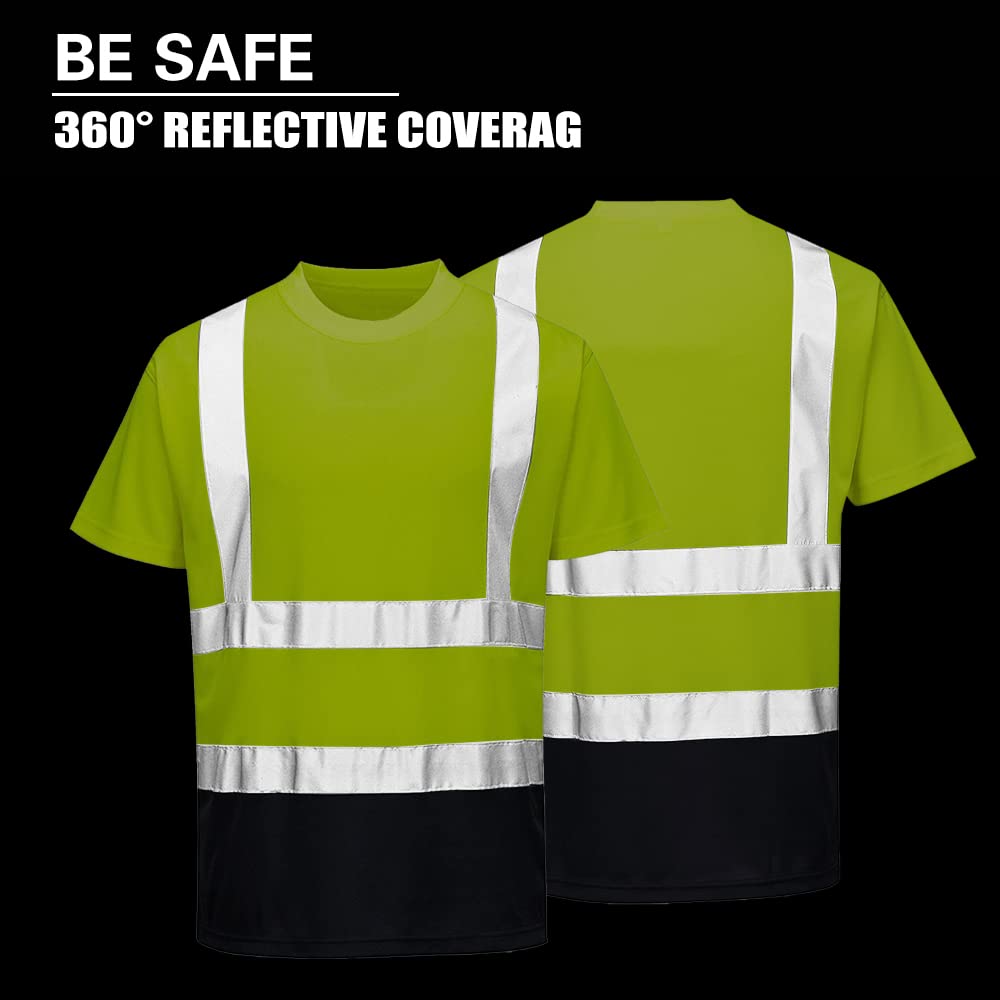 High Visibility Reflective T-Shirts for Men & Women - Safety Short Sleeve Work Shirts with Black Bottom - Perfect for Construction, Road Work, Night Running & Outdoor Activities