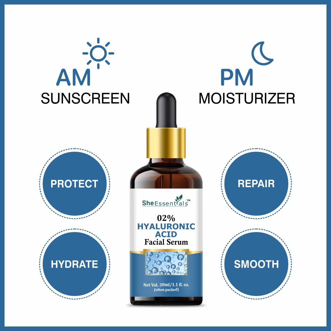 She Essentials Hyaluronic Acid Face Serum for Bright & Glowing Skin | Deep Hydrating & Moisturizing Facial Serum for Normal, Oily, Dry & Combination Skin | Paraben & Sulfate-Free, Vegan, Cruelty-Free | Perfect for Daily Skincare Routine & Nighttime Hydration - 30ml
