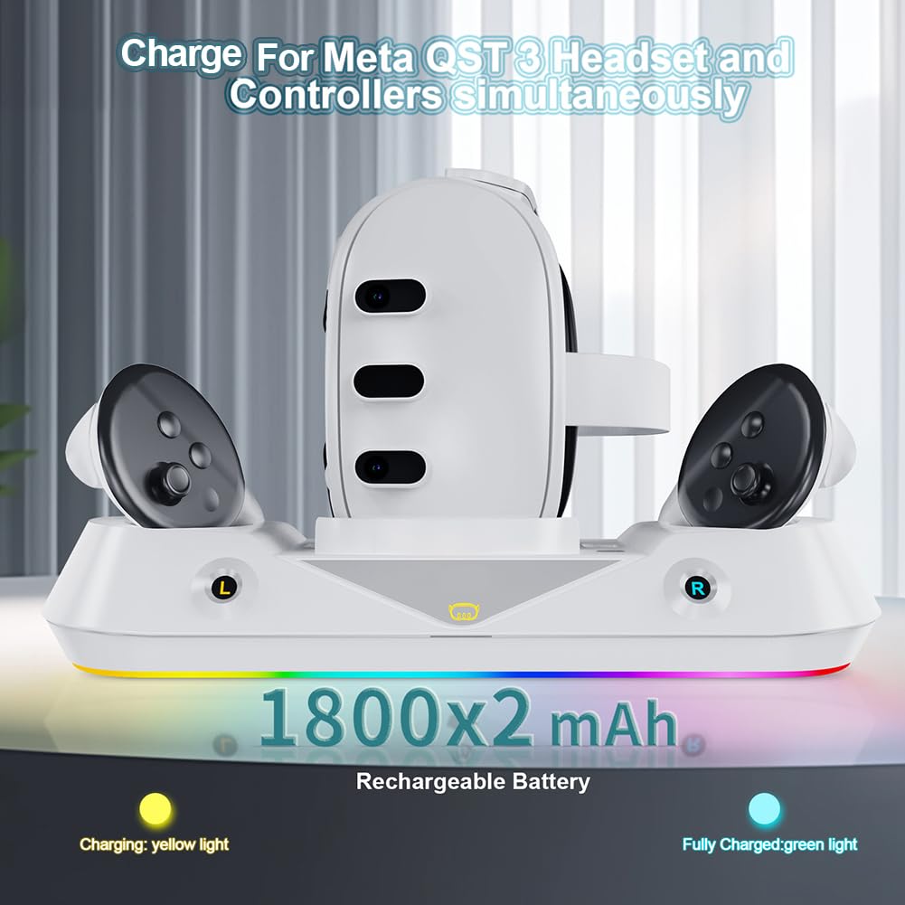 ALINUOYQ Fast Charging Dock Compatible with Meta/Oculus Quest 3 - RGB Light Magnetic Charging Station for Quest 3 Headset & Controllers - Includes Rechargeable Battery - Perfect for VR Gaming & Entertainment Setup