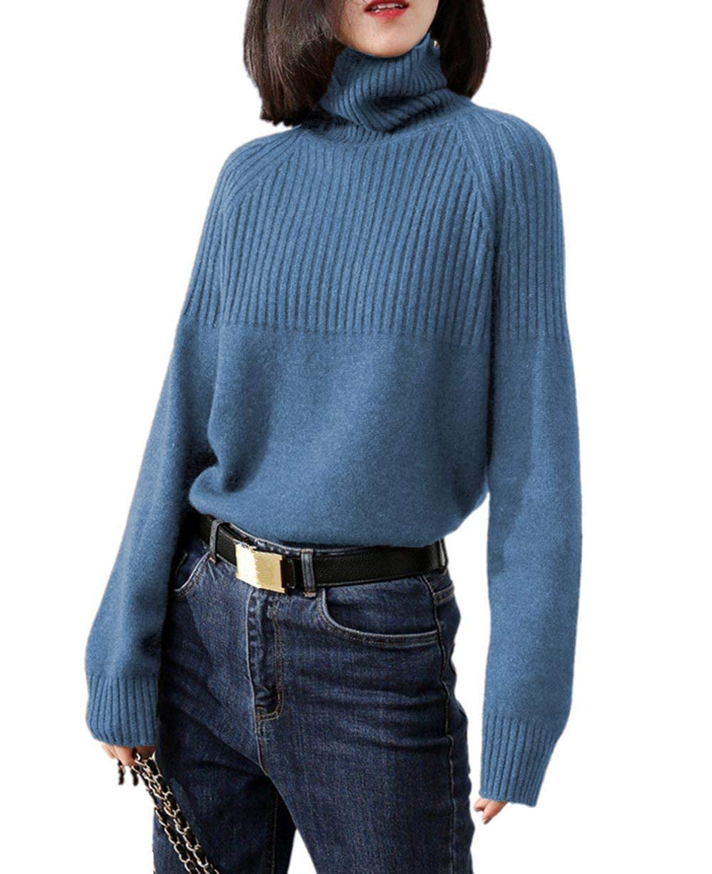 Women's Merino Wool Turtleneck Sweater - Loose Knit Pullover for Winter