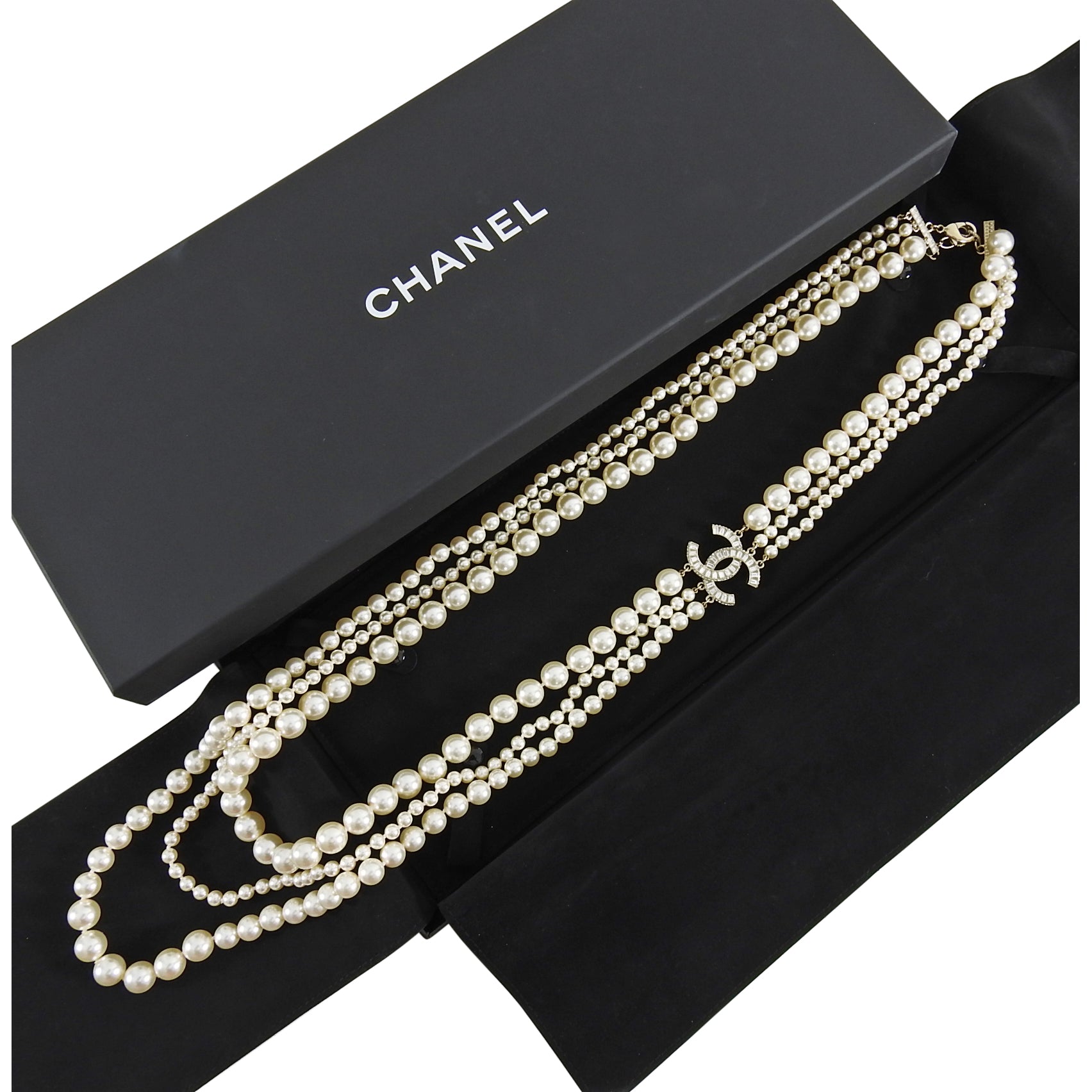Chanel 14B Triple Pearl Multi Strand CC Necklace - Luxury Pearl Jewelry for Women, Elegant Layered Necklace for Parties, Weddings & Special Occasions