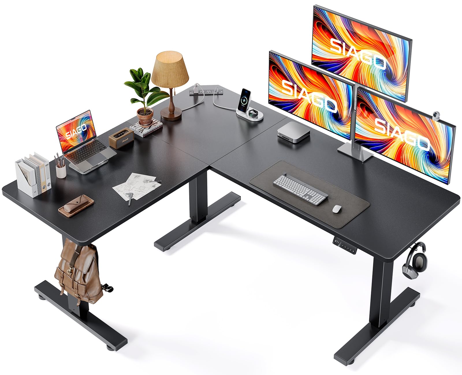 SIAGO 63 x 55 Inch Adjustable L-Shaped Standing Desk with Charging Station - Electric Height Adjustable Corner Desk with Memory Controller & Splice Board - Perfect for Home Office, Gaming & Workspace Ergonomics