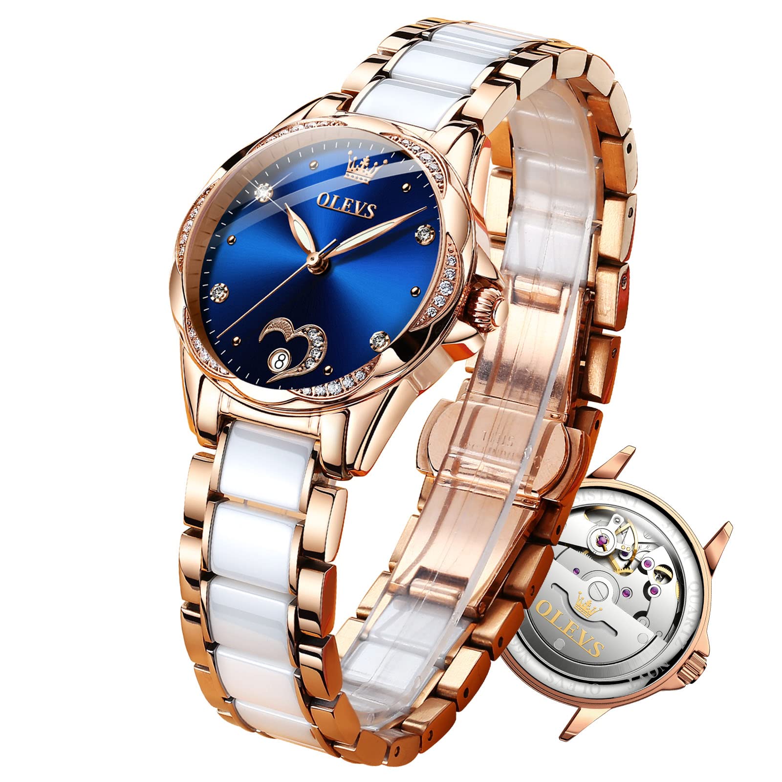 OLEVS Women's Automatic Watch with Two-Tone Stainless Steel Bracelet, Rose Gold Diamond Dress Watch - Blue/Red/White Dial - Perfect for Business, Party & Everyday Wear