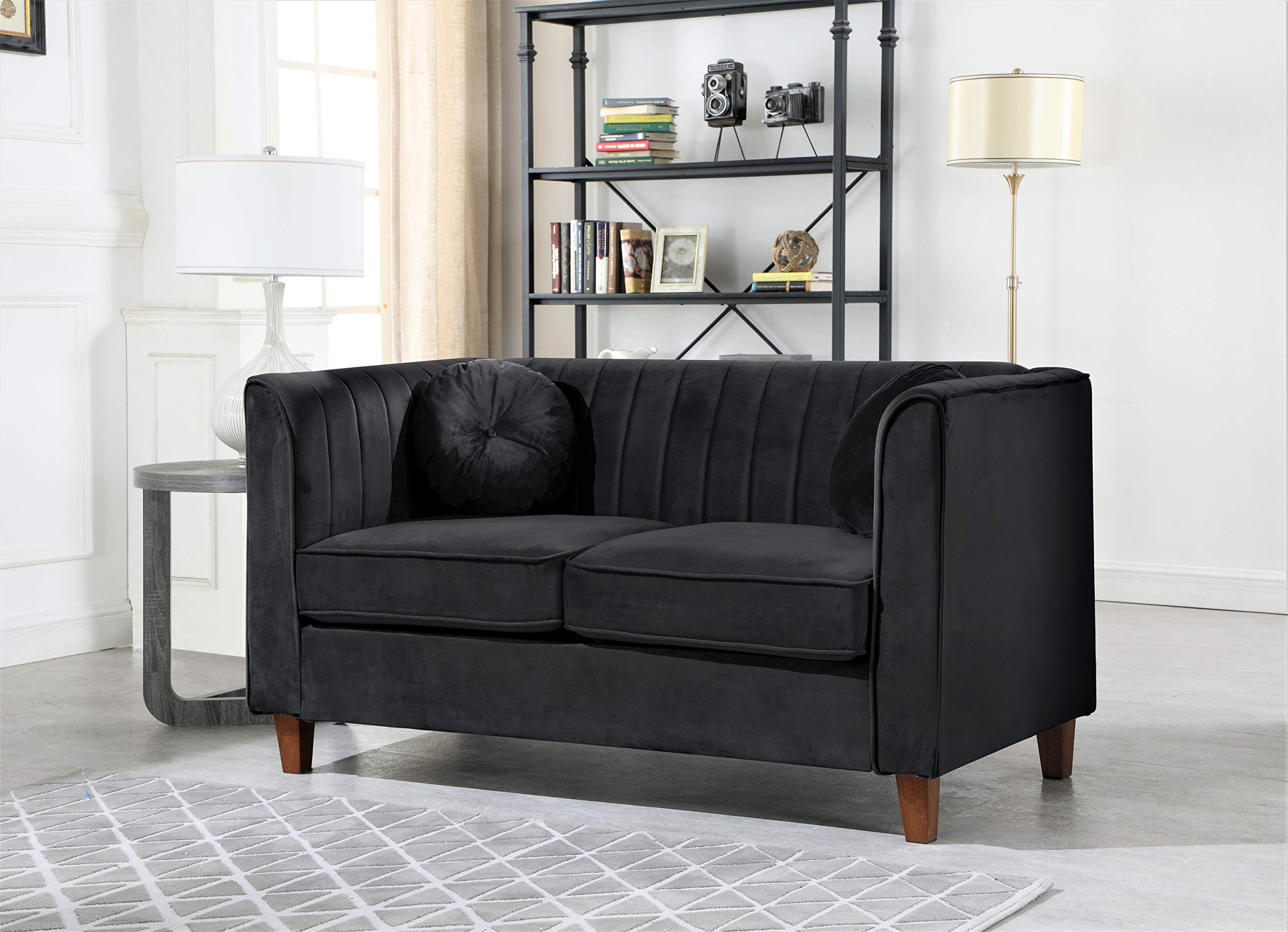 Mid Century Velvet Upholstered Chesterfield Sofa - Black Velvet Loveseat for Living Room | Classic Retro Furniture for Home Decor & Lounge Relaxation