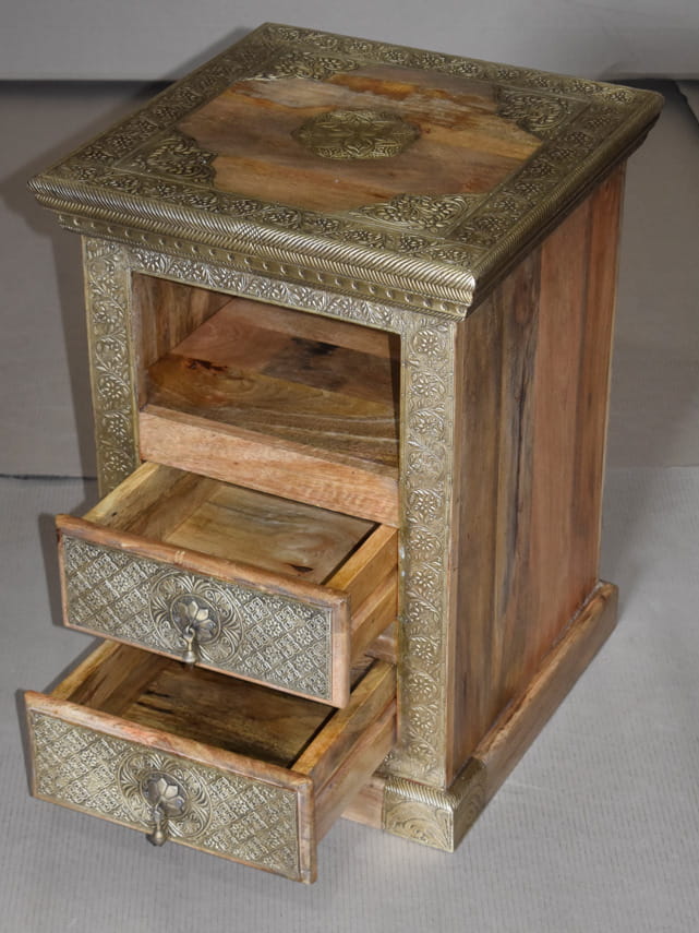 Handcrafted Indian Wooden Stool with 2 Drawers - Embossed Brass Work Traditional Furniture for Living Room, Bedroom & Entryway Decor