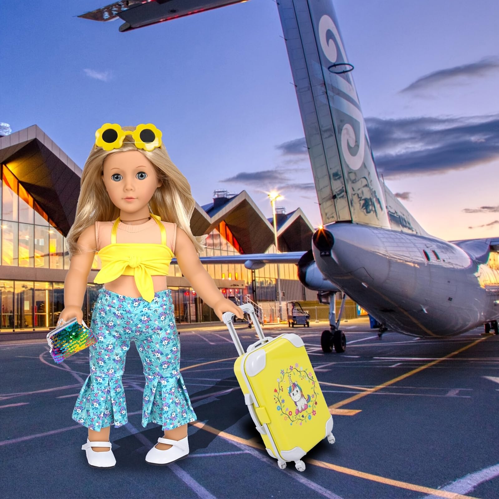 18 Inch Doll Clothes & Accessories Travel Set with Unicorn Luggage Suitcase - Outfit for American Girl Dolls & 18