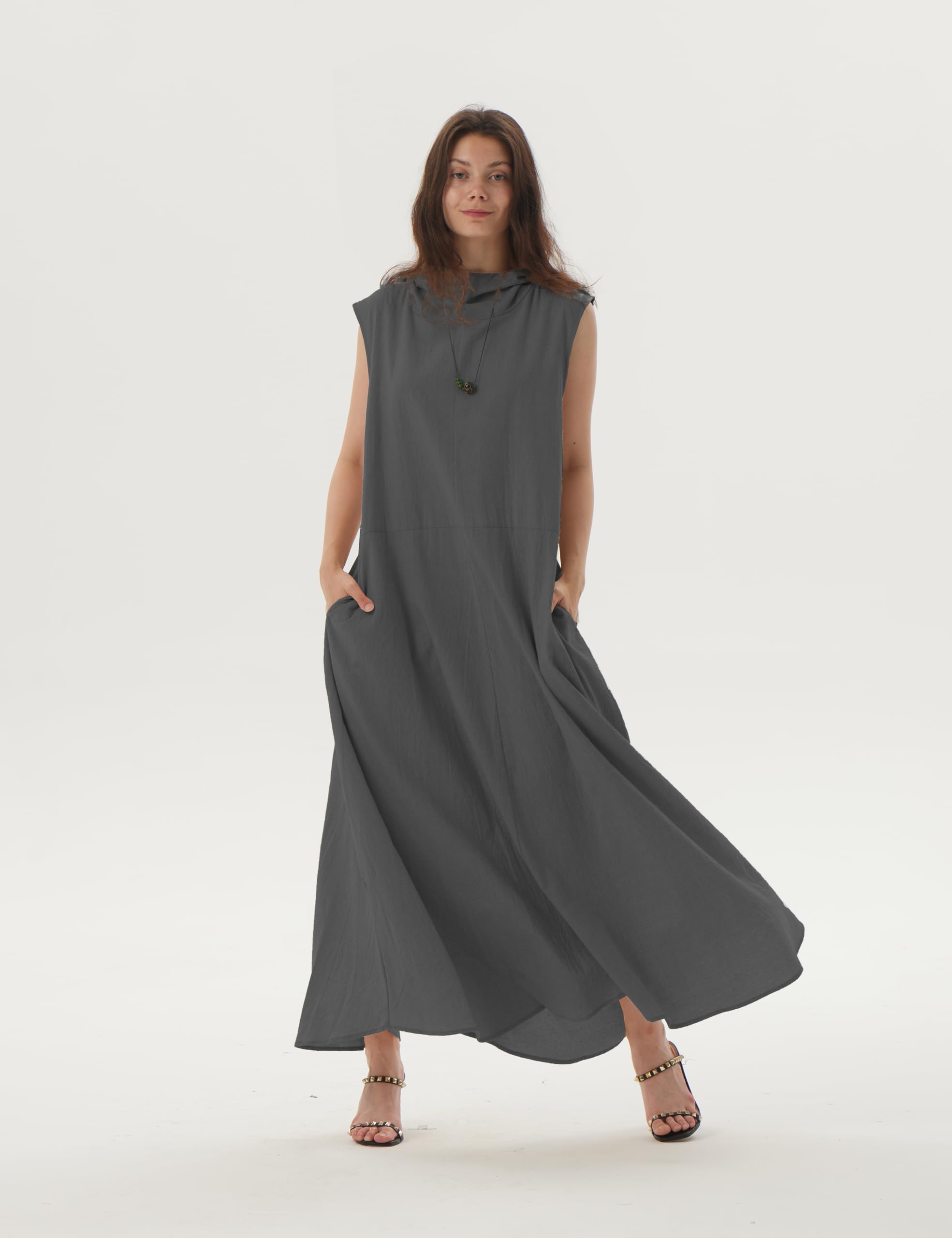 Women's Summer Sleeveless Hooded Maxi Dress - Linen Casual Loose Dress with Pockets (S, Black Gray) | Beach Cover Up, Vacation Outfit, Boho Chic Style