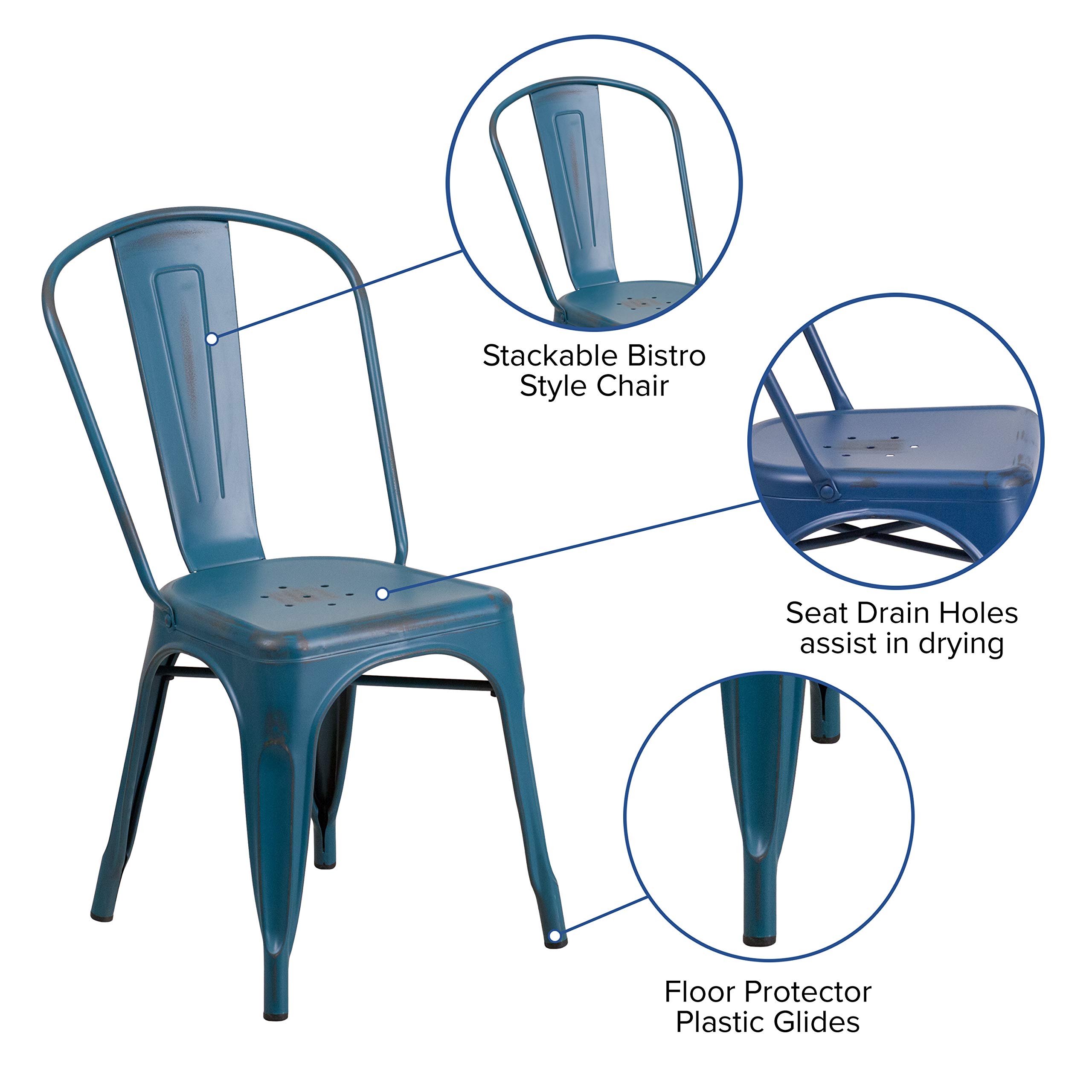 EMMA + OLIVER Commercial Grade Distressed Blue Metal Indoor-Outdoor Stackable Chair - Durable Patio, Garden, Restaurant & Event Seating