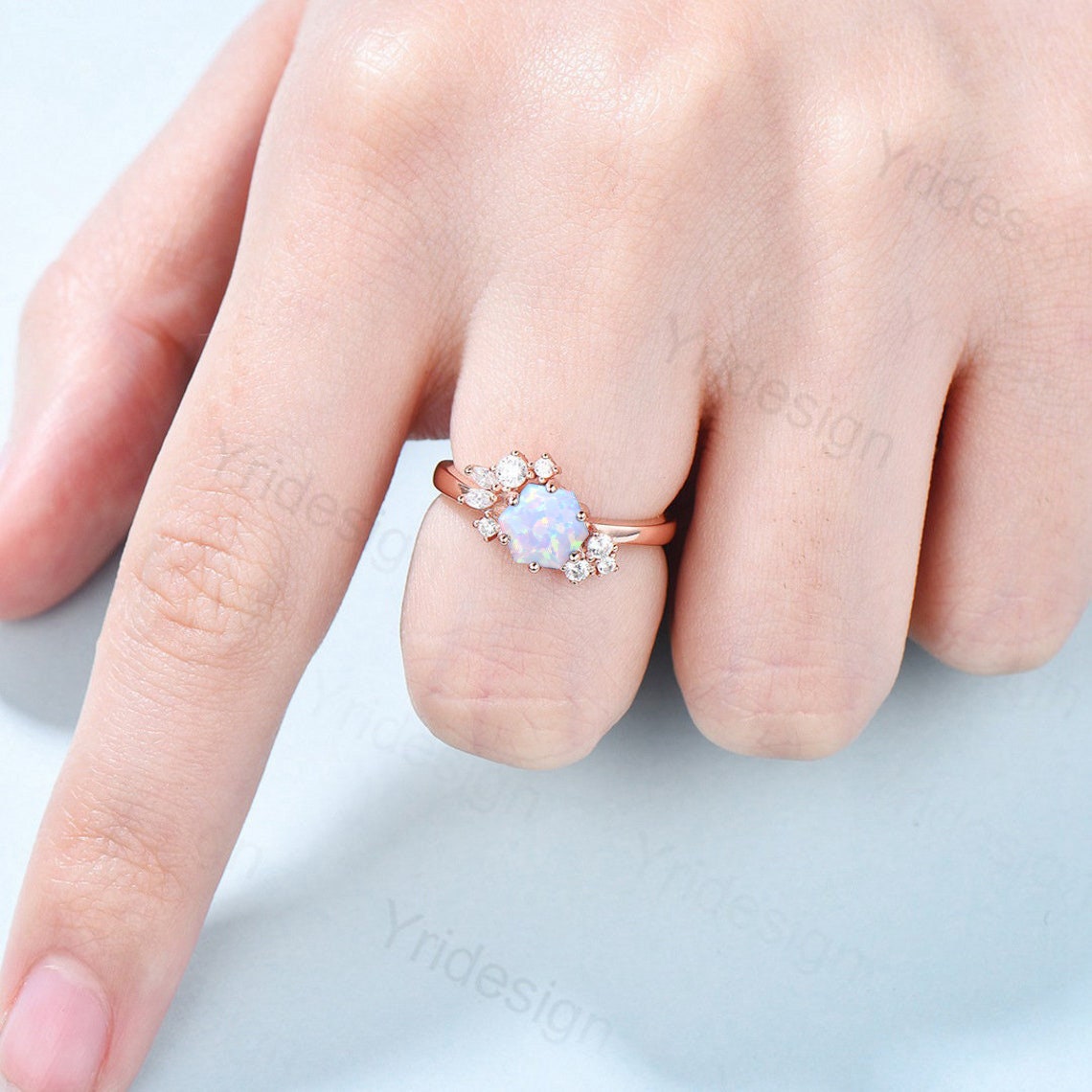 Hexagon Cut Opal Ring Silver Vintage Unique White Opal Engagement Ring - Cluster Simulated Diamond Art Deco Promise Ring for Women - Perfect for Weddings, Anniversaries & Special Occasions
