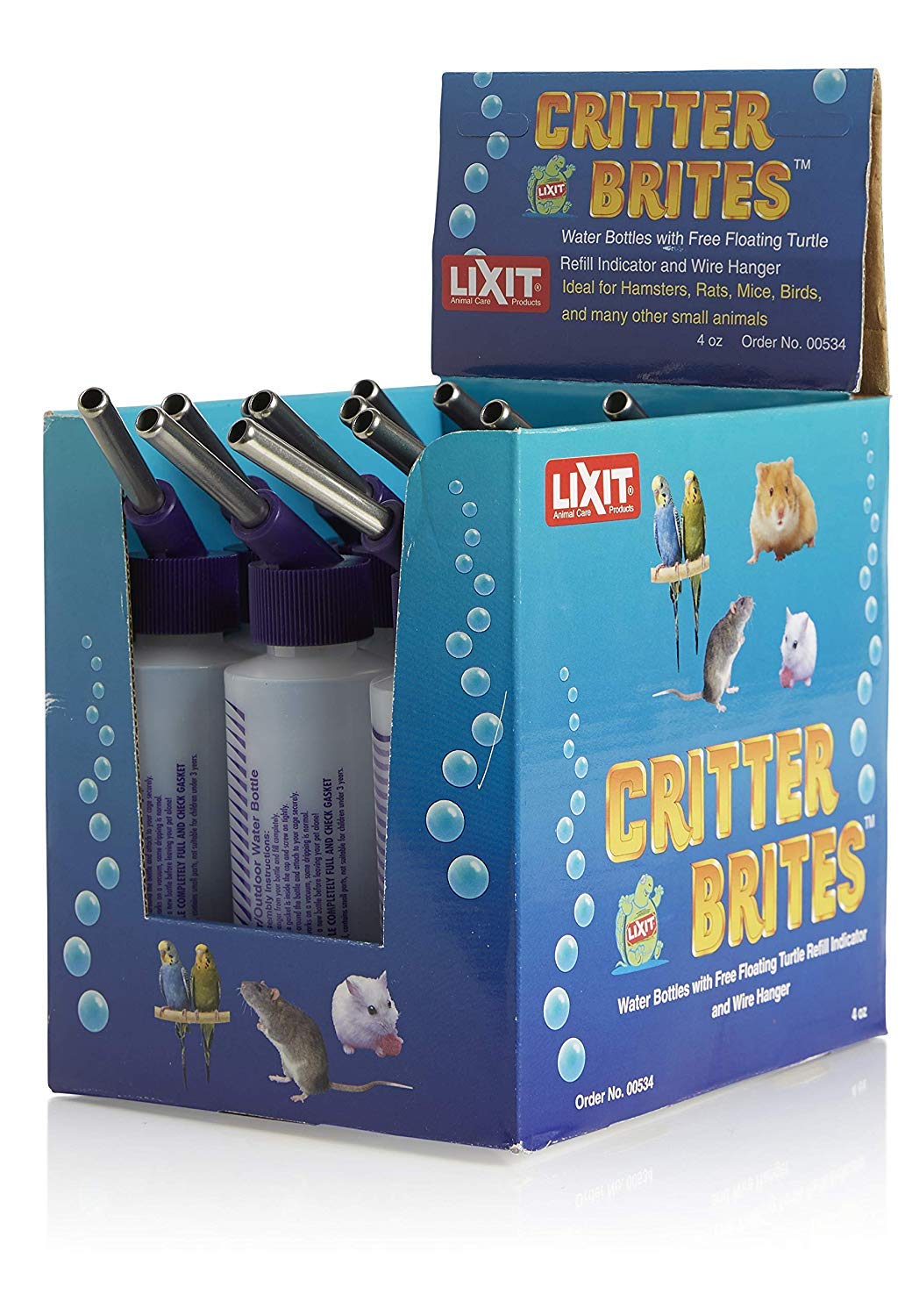 Lixit 4oz Small Animal Water Bottles with Display Case - Leak Proof Drinking Bottle for Rabbits, Ferrets, Chinchillas, Guinea Pigs, Rats & Mice - Perfect for Cages, Hutches and Pet Travel Carriers