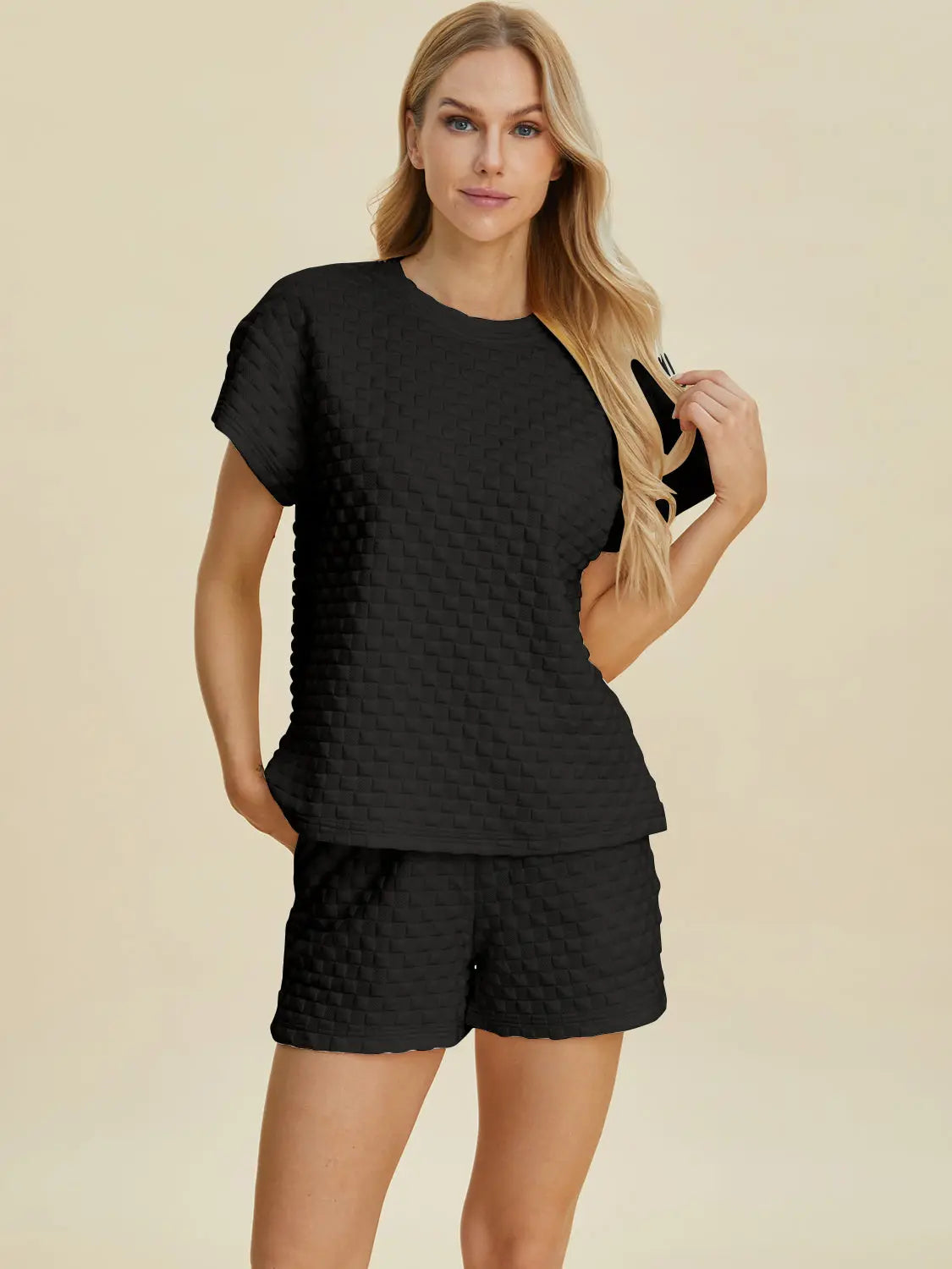 Double Take Full Size Texture T-Shirt and Shorts Set for Men - Comfortable Cotton Outfit for Casual Wear, Gym, and Lounge