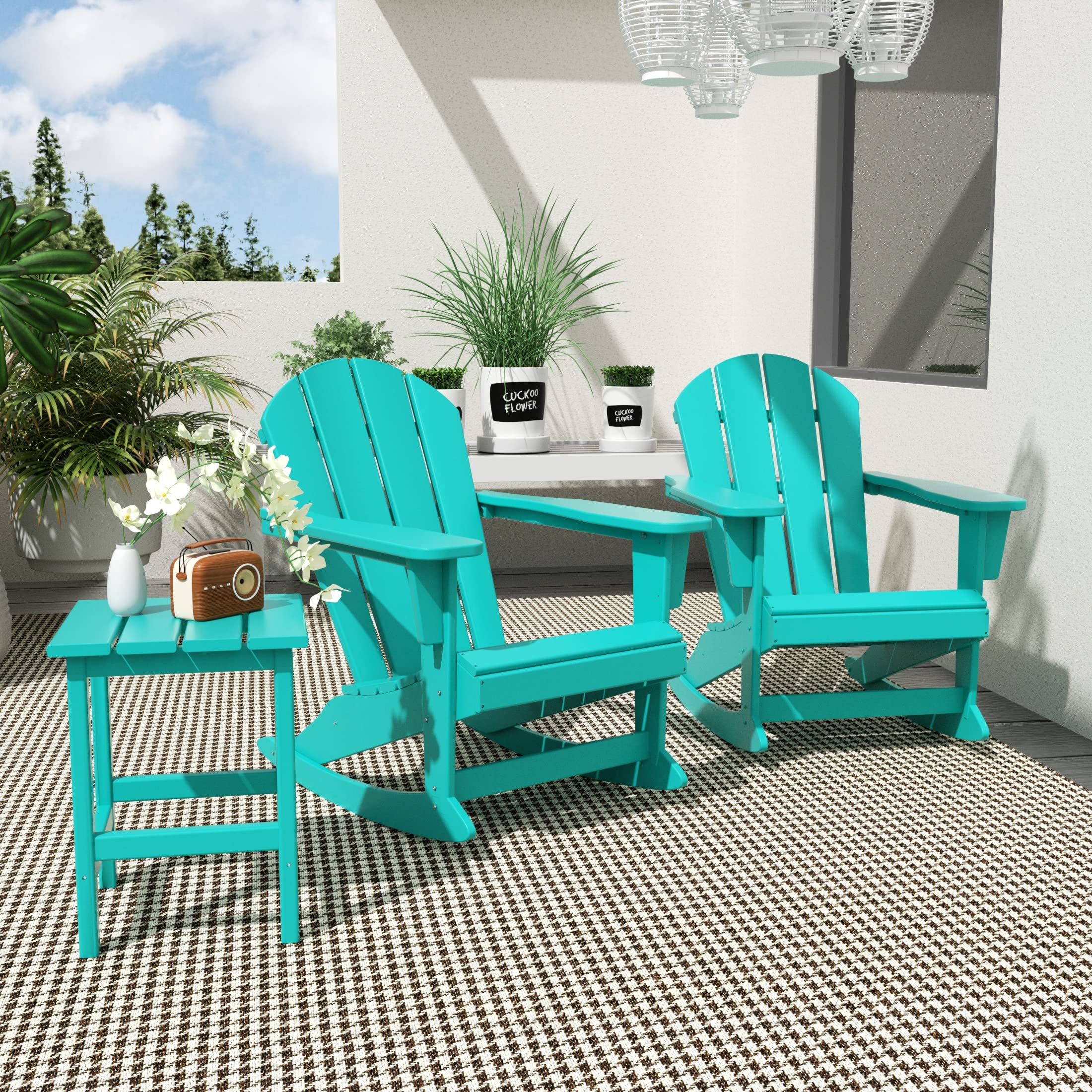 WO Home Furniture 3-Piece Patio Rocking Chair Set - Classic Outdoor Adirondack Rocker Chairs with Matching Table in Turquoise - Perfect for Backyard, Garden, Deck, and Poolside Relaxation