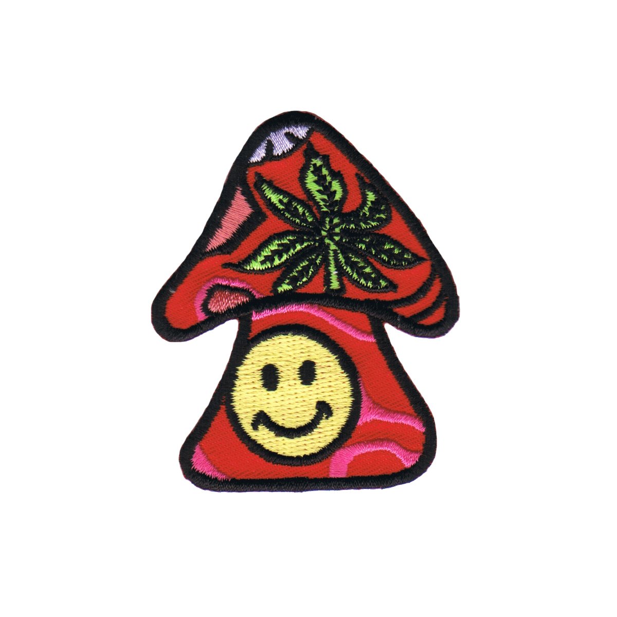 Happy Face Mushroom & Pot Leaf Embroidered Iron-On Patch - Weed Smile Badge Applique for Jackets, Hats & Backpacks - Perfect for Hippie, Festival & 420 Fashion Accessories