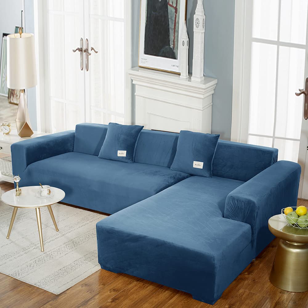 Stretch Velvet L-Shaped Sectional Sofa Slipcover - 4+4 Seater Furniture Protector for Pets & Dogs - Soft Chaise Lounge Couch Cover (Blue) - Perfect for Living Room, Family Room & Pet-Friendly Homes