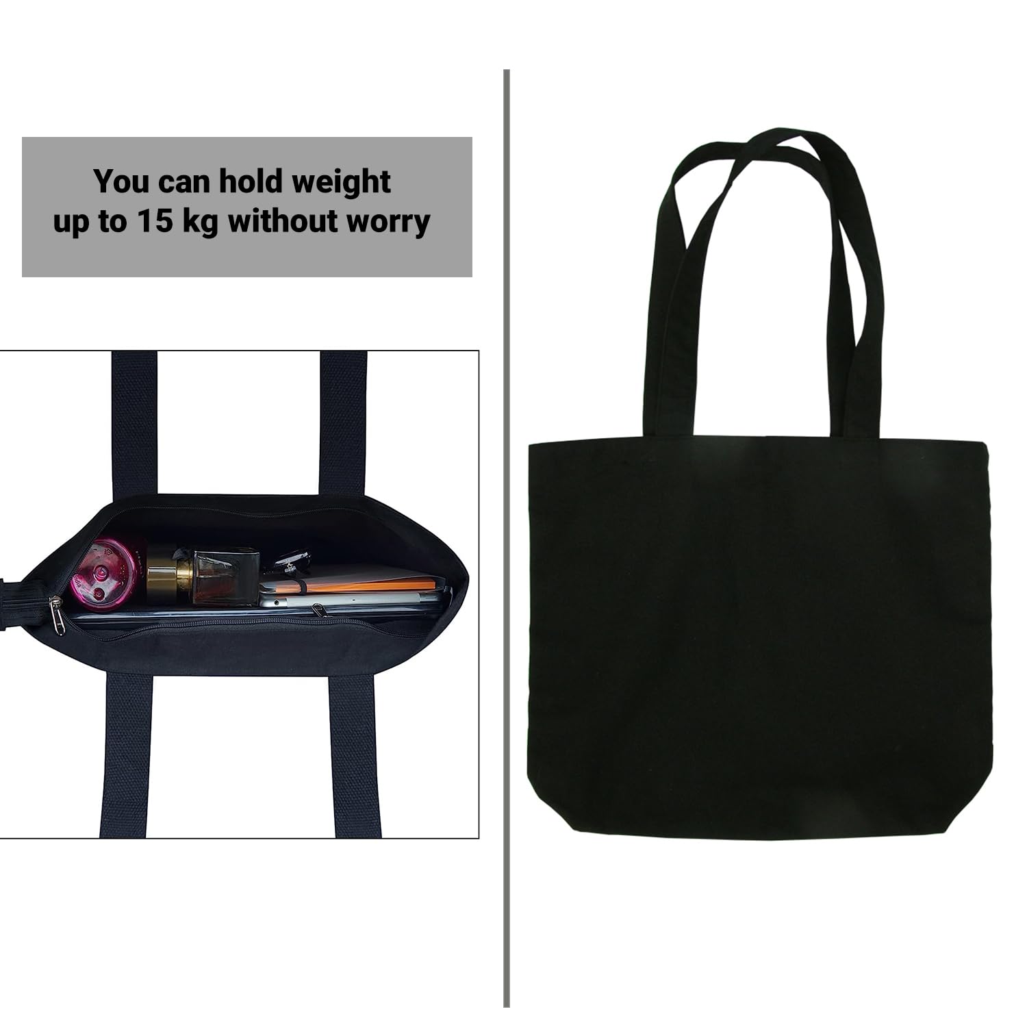 Premium Plain Black Canvas Tote Bags for Women - Durable Zip Closure Shopping, Beach & Street Bag | Perfect for Groceries, Work Commute & College Campus Use