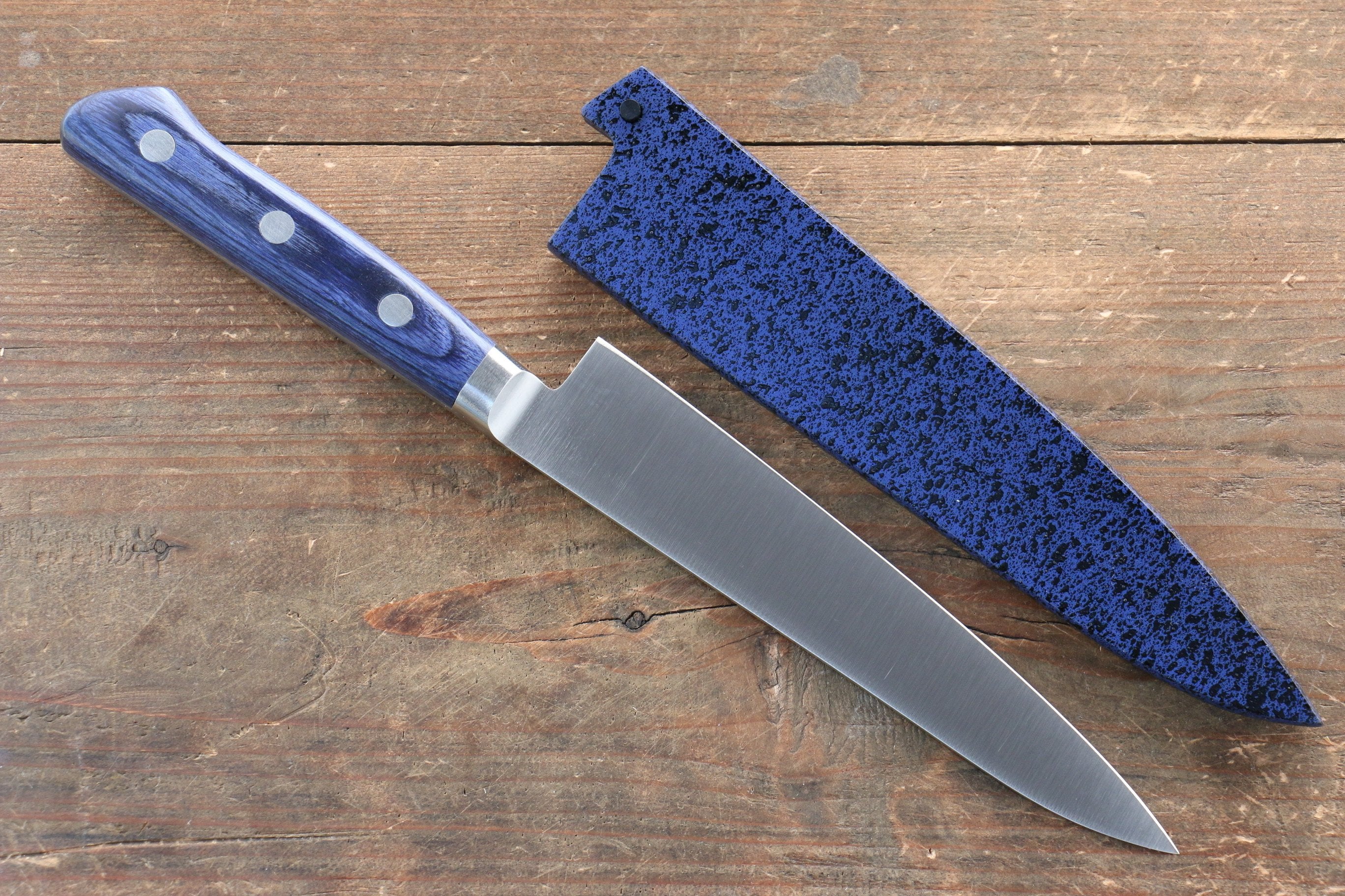 Premium Japanese Seisuke Seiten Molybdenum Petty Utility Knife 120mm - Blue Pakkawood Handle with Protective Sheath - Ideal for Home Cooking, Sushi Preparation & Professional Chef Use