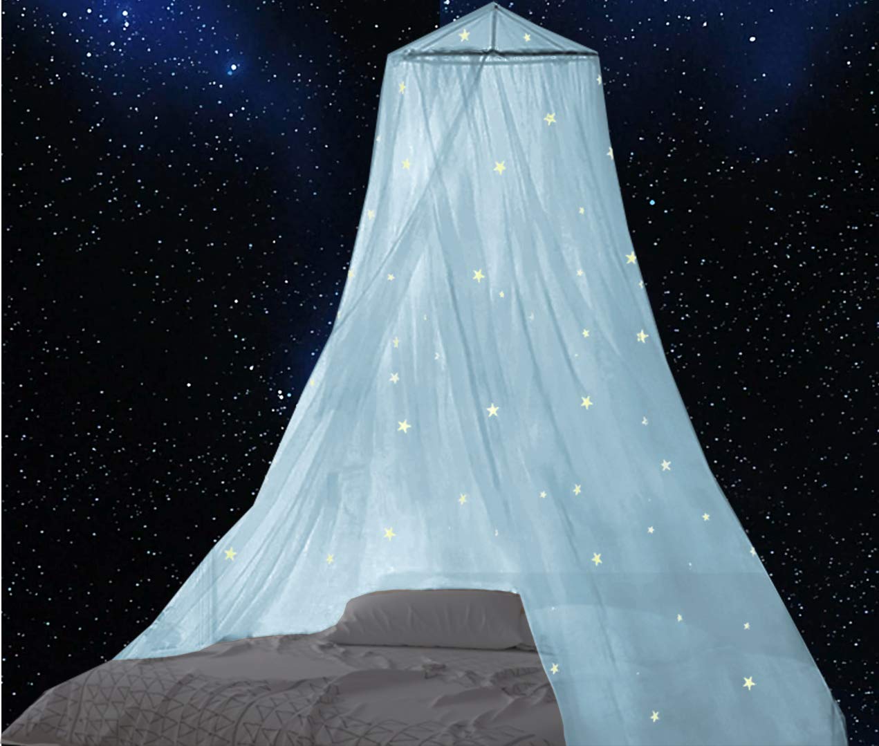 BCBYou Glow in the Dark Mosquito Net Bed Canopy with Fluorescent Stars - Light Blue for Baby Crib, Kids Bed & Full Size Bed - Perfect for Nursery, Children's Room & Adult Bedroom Decor