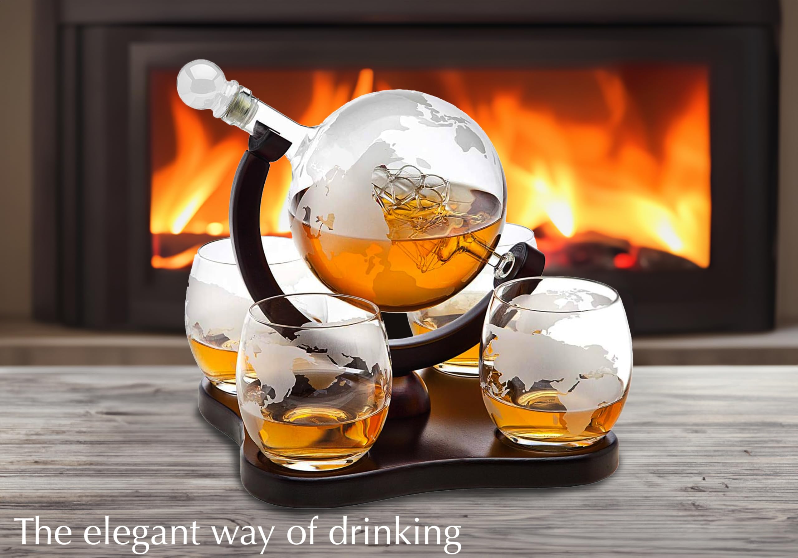 Premium Whiskey Decanter Globe Set with 4 Etched Crystal Whisky Glasses - 850ml Liquor Decanter for Bourbon, Scotch, Vodka - Perfect Gift for Men, Dad, Husband & Home Bar, Man Cave Decor