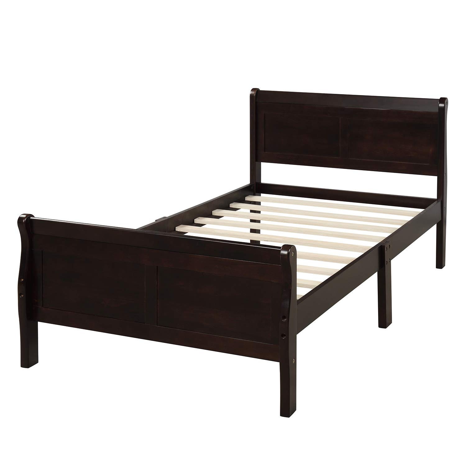 Merax Twin Size Platform Bed Frame with Headboard & Footboard - Solid Wood Slat Support, Espresso Finish - Perfect for Small Bedrooms, Guest Rooms & Dormitories