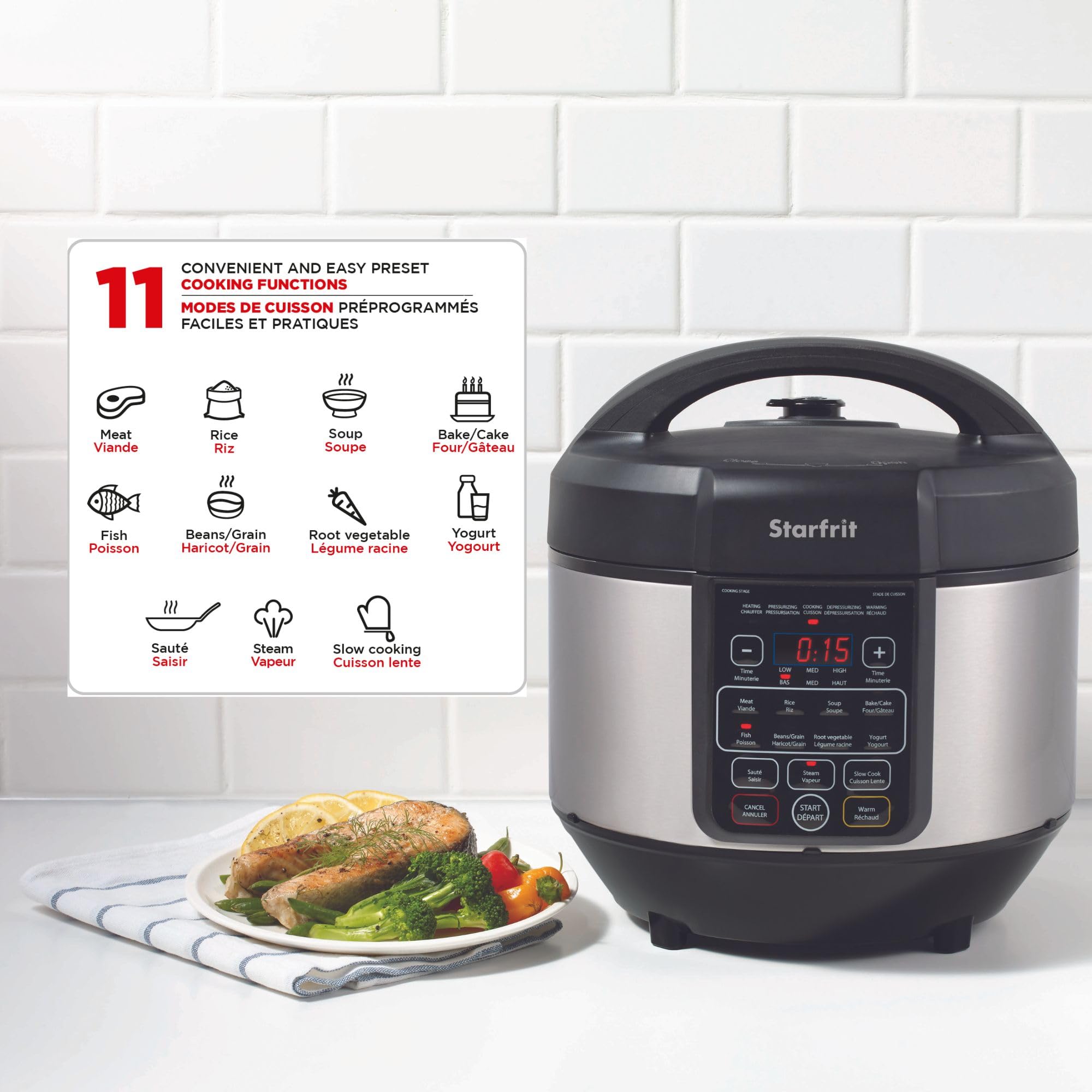 Starfrit 8L Electric Pressure Cooker with Steam Tray, Measuring Cup & Spatula - 11 Preset Cooking Functions - Perfect for Fast & Healthy Meals, Meal Prep & Family Dinners