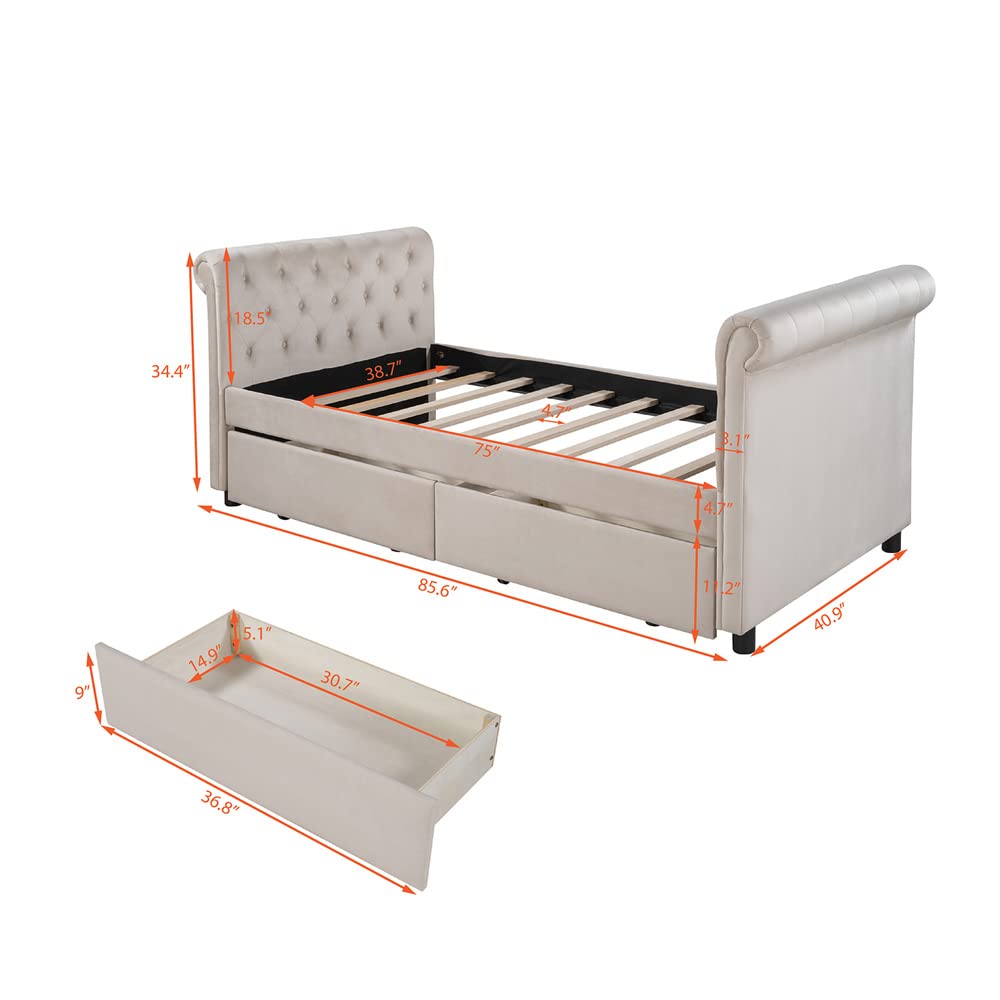 Twin Daybed with Storage Drawers & Wood Slats - Tufted Sofa Bed for Living Room & Office