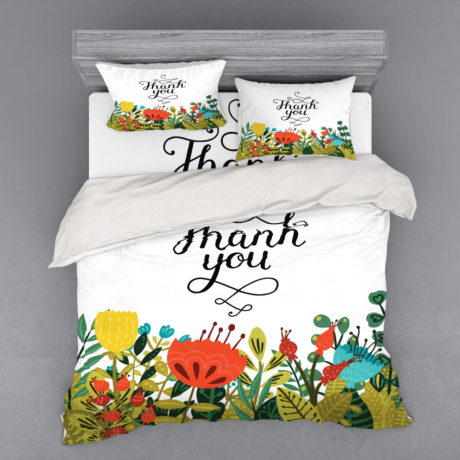 Ambesonne Floral Duvet Cover Set King Size - 4 Piece Bedding Set with Shams & Fitted Sheet, Handwritten Thank You Words with Botanical Flowers & Leaves Design, Multicolor - Perfect for Master Bedroom, Guest Room & Bohemian Home Decor