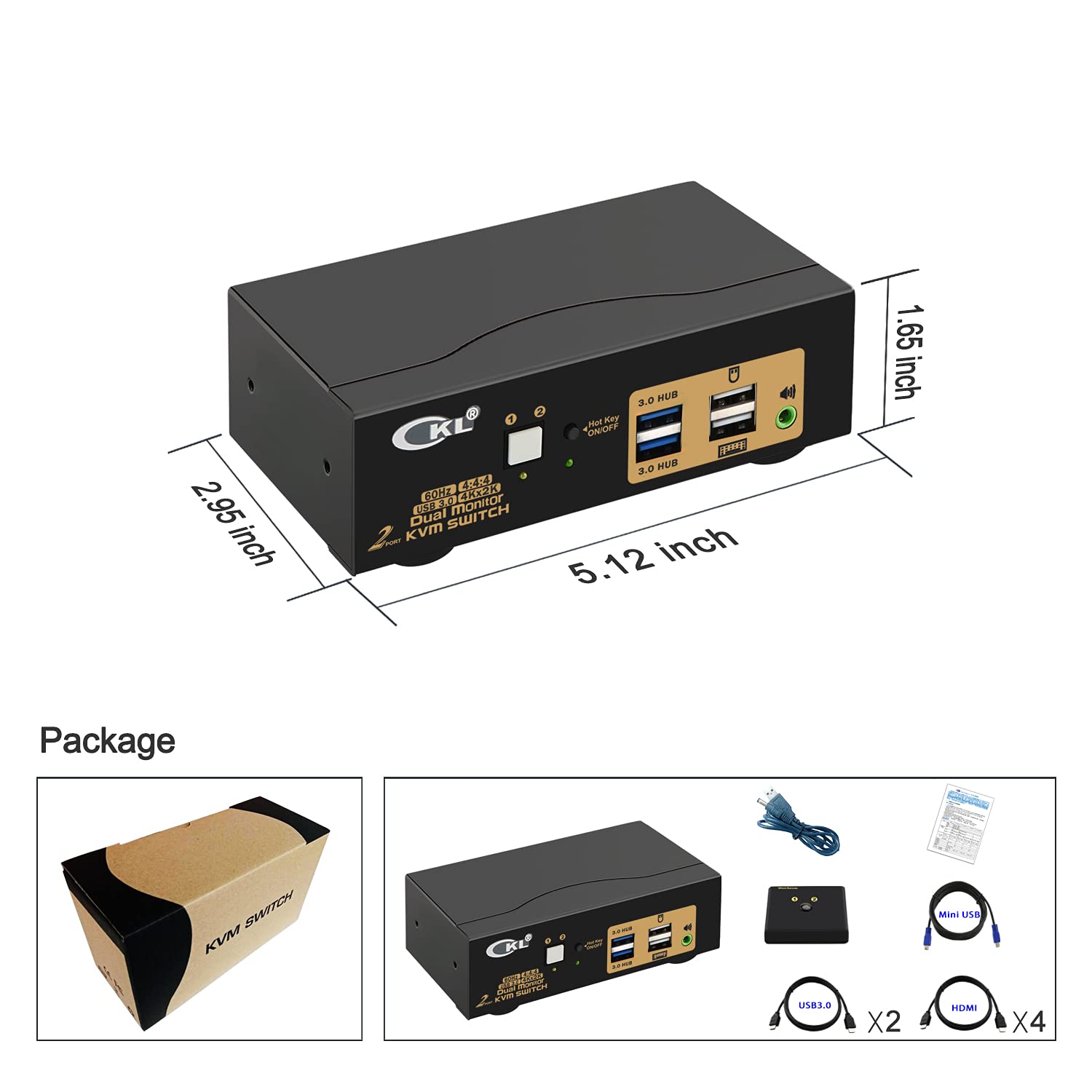 CKL USB 3.0 HDMI KVM Switch 2 Port - Dual Monitor 4K 60Hz Extended Display with Audio & Cables (922HUA-3) for Home Office, Gaming & Multi-Device Workspace Setup