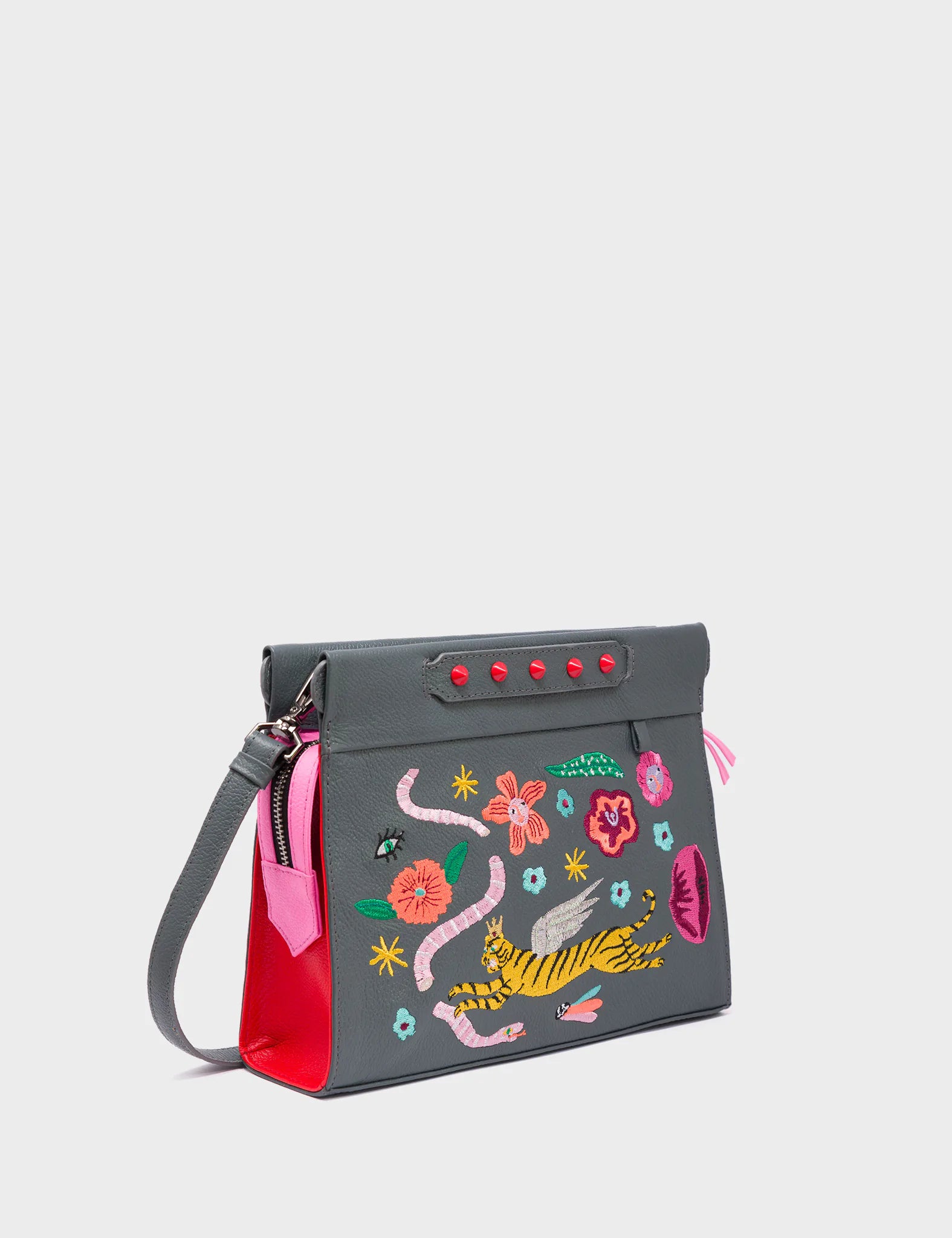 Vali Crossbody Small Leather Bag - Stormy Gray with Tiger & Flowers Embroidery | Women's Fashion Purse for Everyday Use, Travel & Date Night