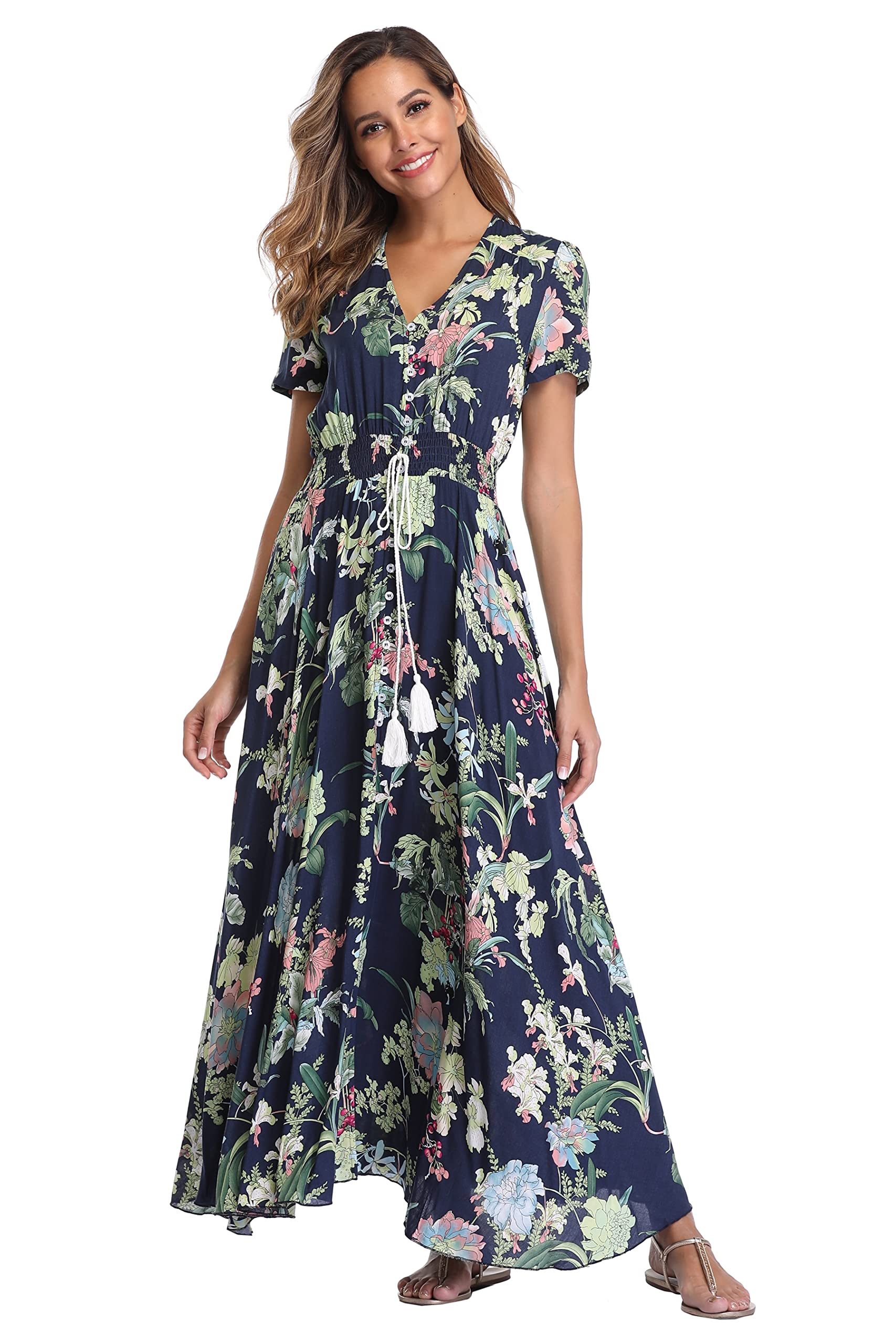 Boho Floral Maxi Dress for Women - Summer Button Up Beach Dress with Side Slit & Flowy Design | Perfect for Beach Vacations, Pool Parties & Summer Festivals
