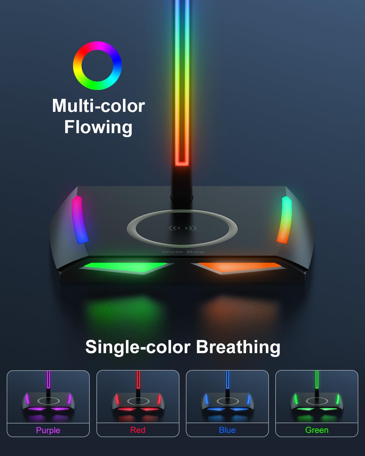 RGB Gaming Headphone Stand with Wireless Charger - 2 USB-C & 1 USB Ports, 7 Color Modes, Non-Slip Base - Perfect for Gaming Setup, Home Office & Streaming Station (Black)