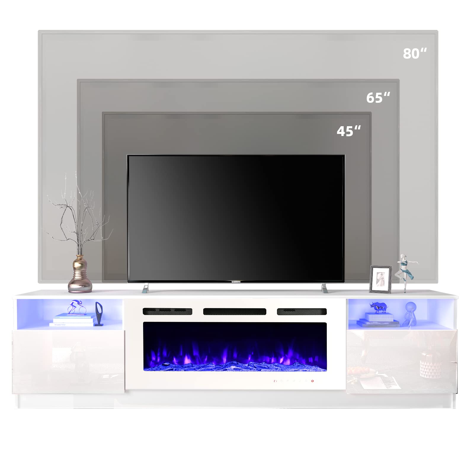 80'' Fireplace TV Stand with 40'' Electric Fireplace Heater - 16 Color LED Lights & 12 Flame Effects - Entertainment Center for TVs up to 90'' - Modern White TV Console for Living Room - Perfect for Home Theater Setup & Cozy Winter Nights