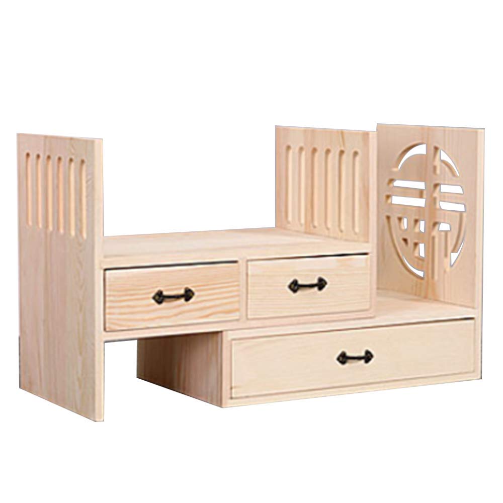 LIULIFE Wooden Desk Organizer with Drawers - Office Supplies Storage Box, Home & Office Desktop Tidy, Scalable Bookshelf for Stationery, Files, Books - Perfect for Study, Work & Home Organization (Wood Color)