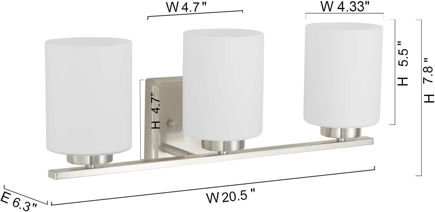 NEOUS 3-Light Brushed Nickel Bathroom Vanity Lighting Fixture with White Glass Shades - E26 Base for 60W Max Bulbs - Perfect for Modern Bathrooms, Powder Rooms and Dressing Areas
